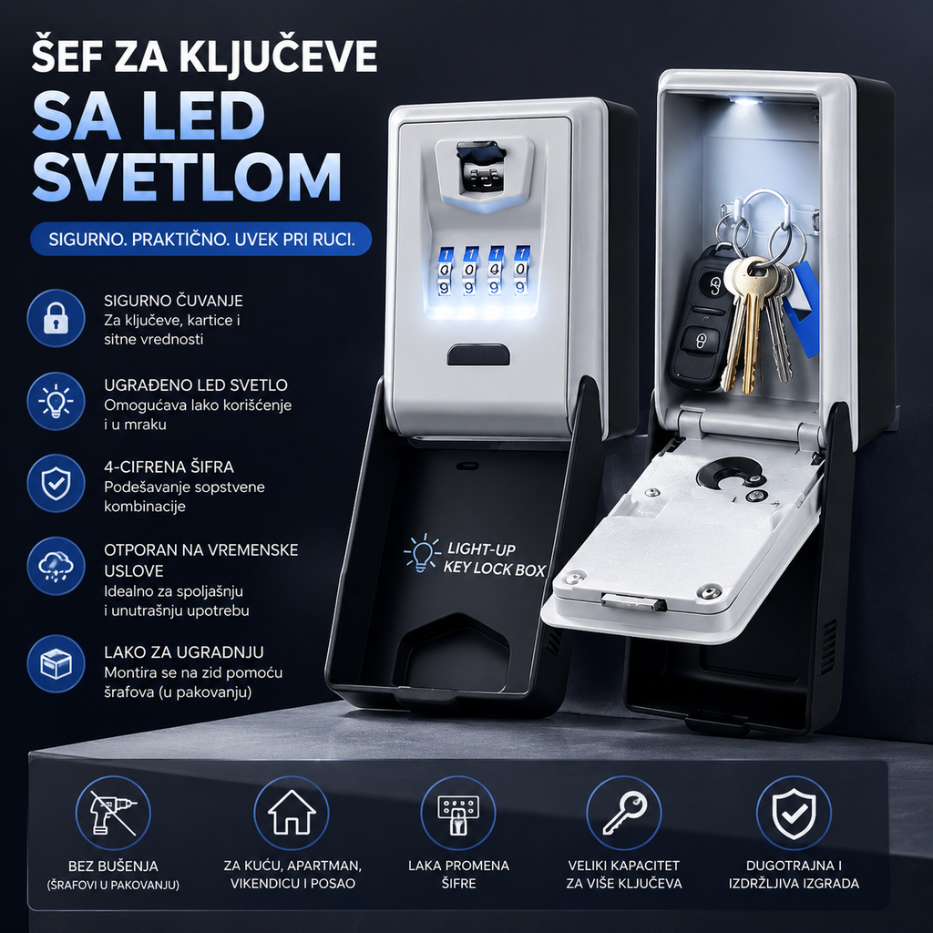 Sigurnosni Šef za Ključeve sa LED Svetlom i Šifrom za Kuću, Apartman i Vikendicu
