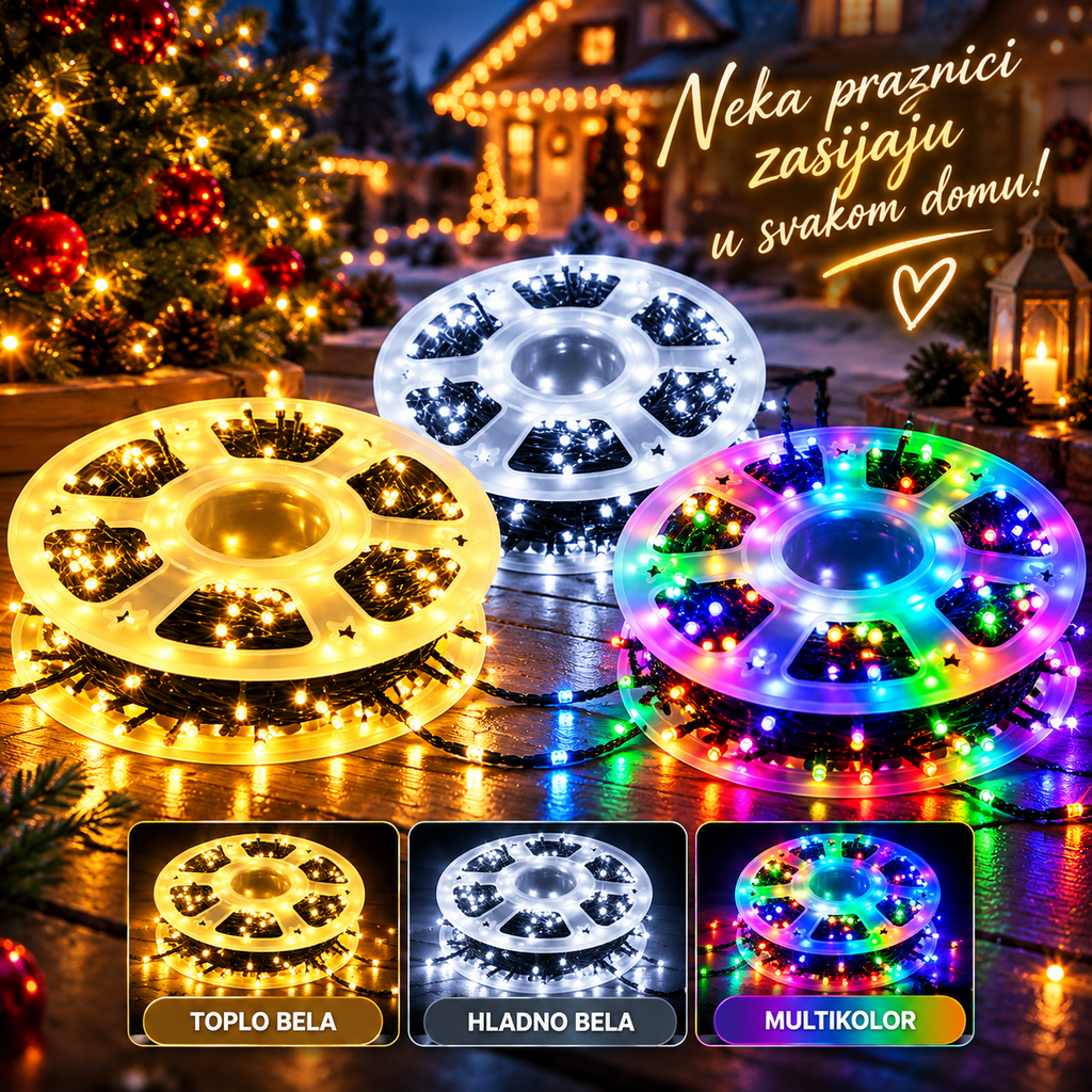 LED Novogodišnje Lampice 50m – Dekorativne Lampice za Jelku, Kuću, Terasu i Baštu