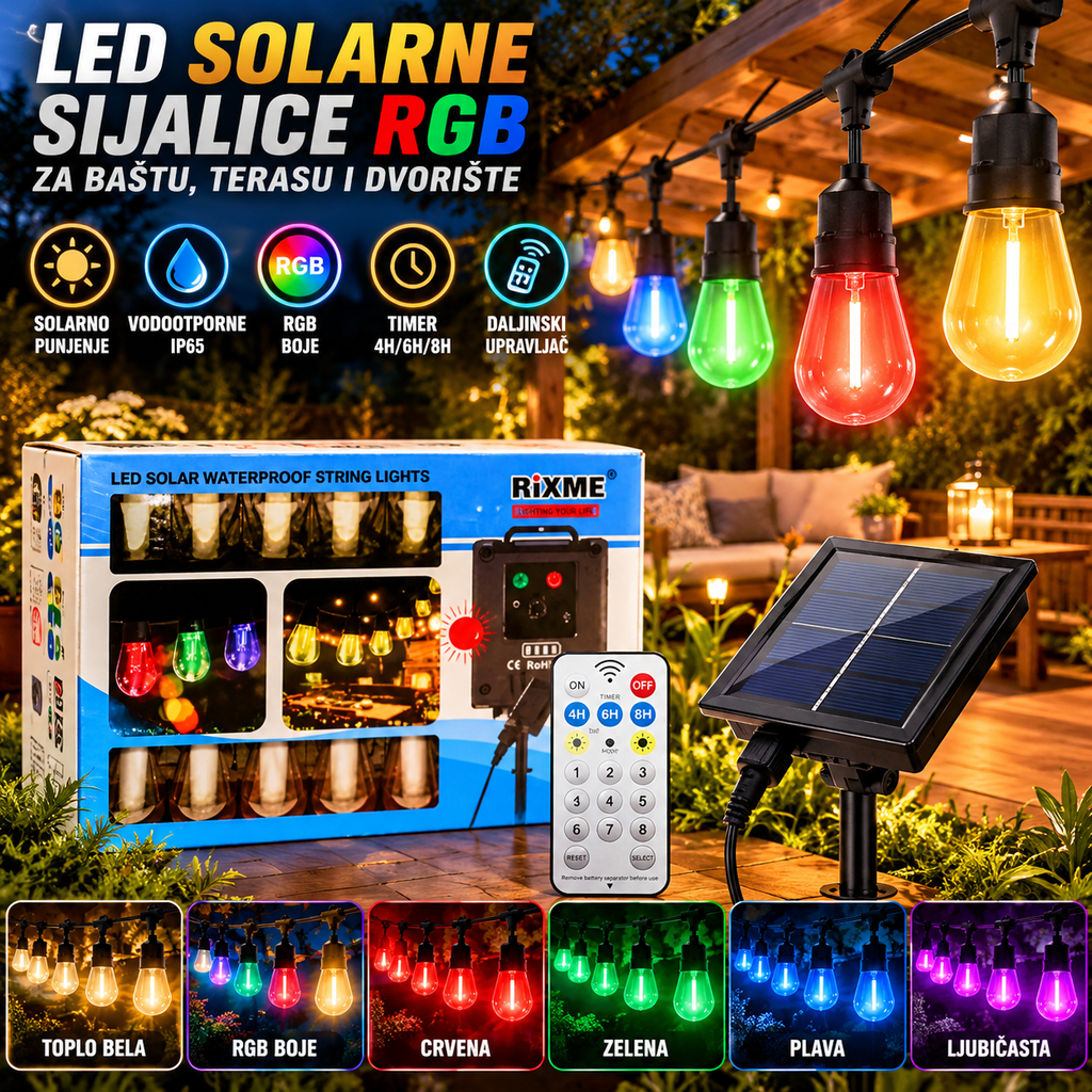 LED Solarne Sijalice RGB – Vodootporne Solarne Lampe za Baštu, Terasu i Dvorište