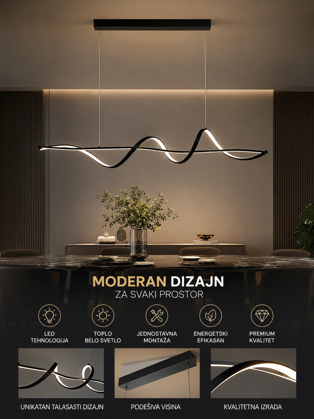 LUXORA Infinity Wave LED Luster – Moderan Viseći Luster sa Talasastim Dizajnom za Dnevnu Sobu i Trpezariju, Premium LED Rasveta za Luksuzan Enterijer