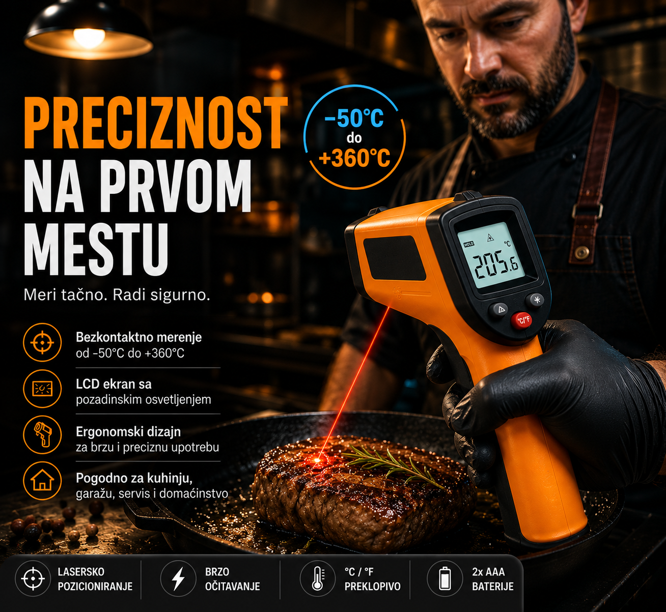 Laserski Termometar sa LCD Displejem – Digitalni Beskontaktni Merač Temperature -50°C do +360°C
