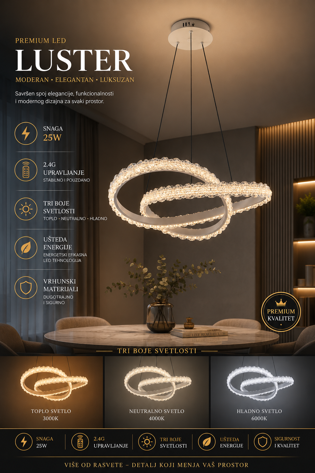 Luster Cristallo Lux – Moderni LED Viseći Luster sa Kristalnim Sjajem