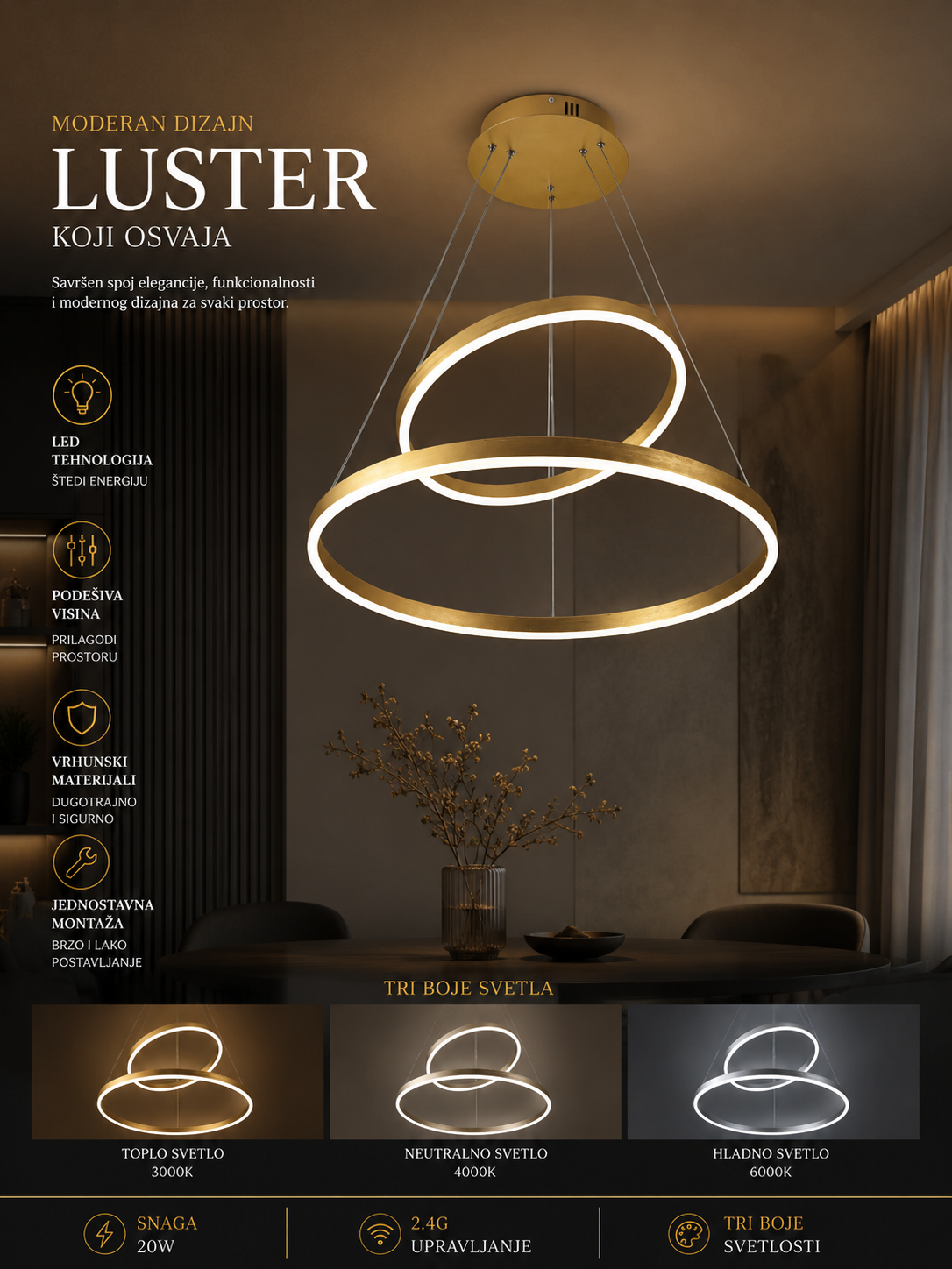 Luster Veloria Gold – Elegantni LED Viseći Luster sa Zlatnim Krugovima 