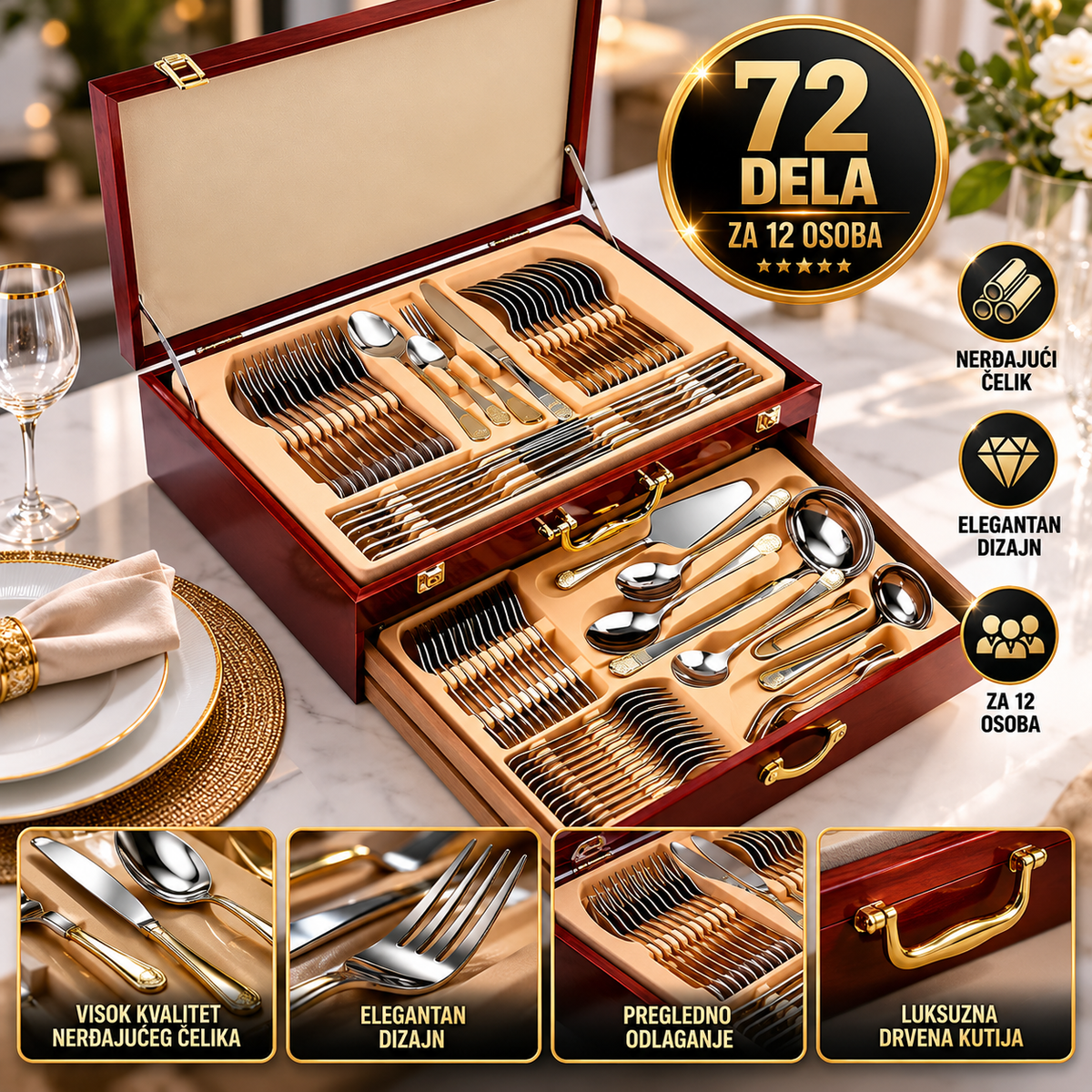 Set Pribora za Jelo 72 Dela – Escajg za 12 Osoba od Nerđajućeg Čelika