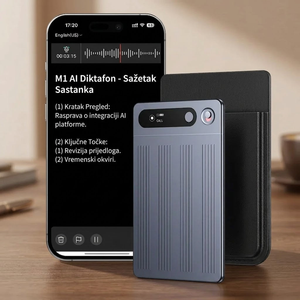 M1 Professional AI Diktafon sa Transkripcijom – Pametni Voice Recorder sa Bluetooth Povezivanjem, AI Sažecima i Kontrolom preko Aplikacije