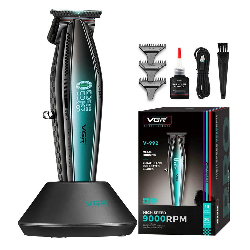 Hair trimmer with accessories and packaging on a white background