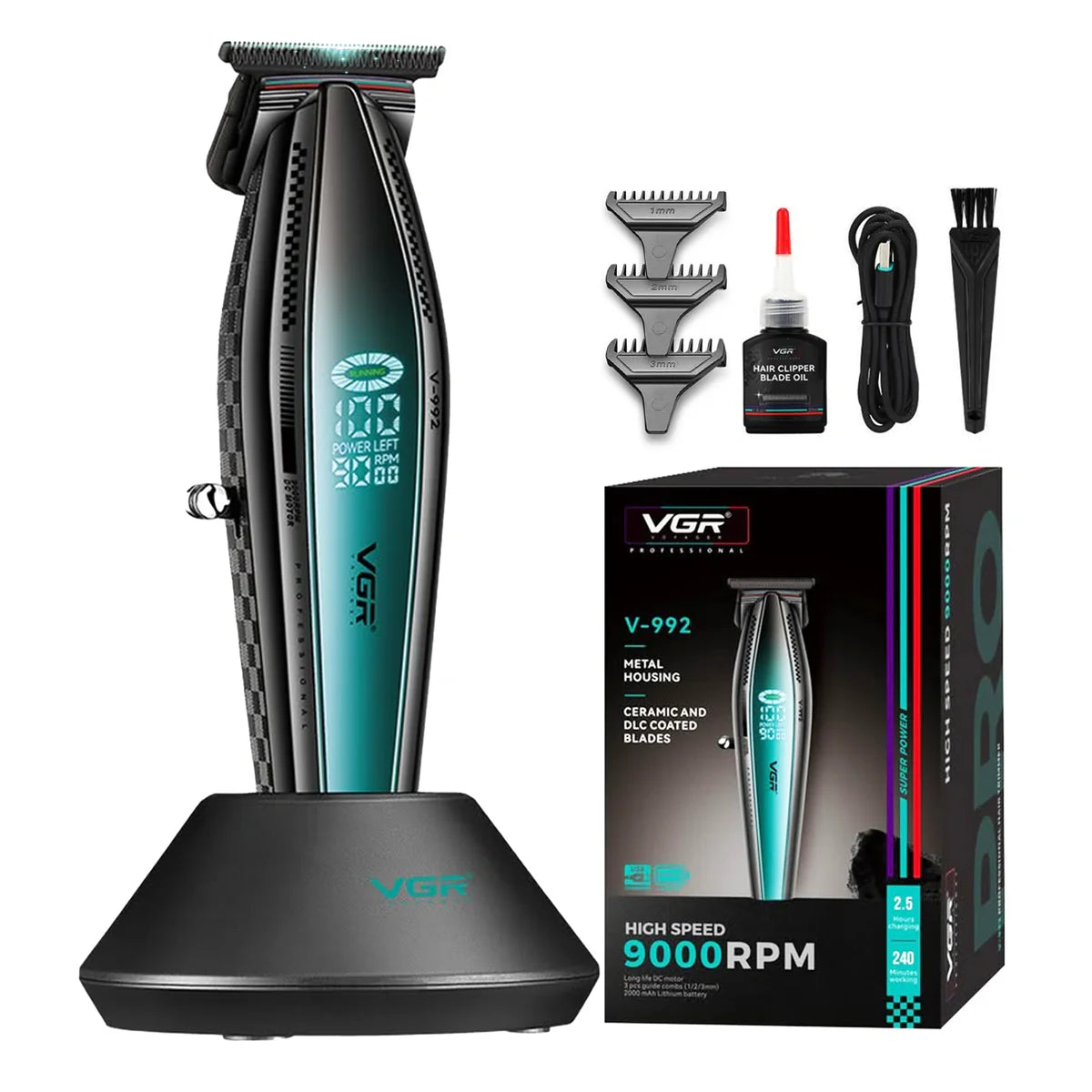 Hair trimmer with accessories and packaging on a white background
