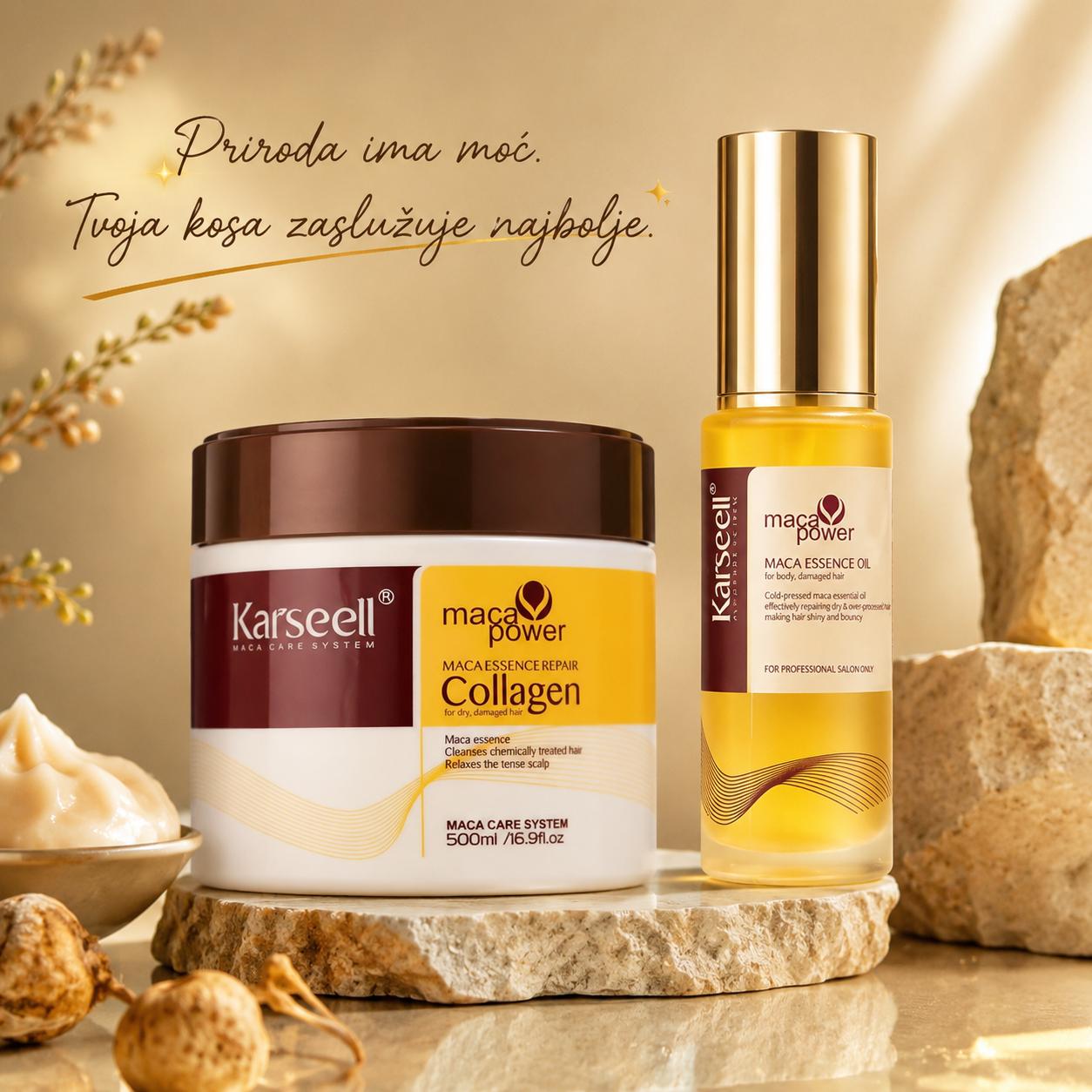 Maca Collagen Maska i Essence Oil Set za Kosu – Dubinska Obnova, Sjaj i Anti-Frizz Nega