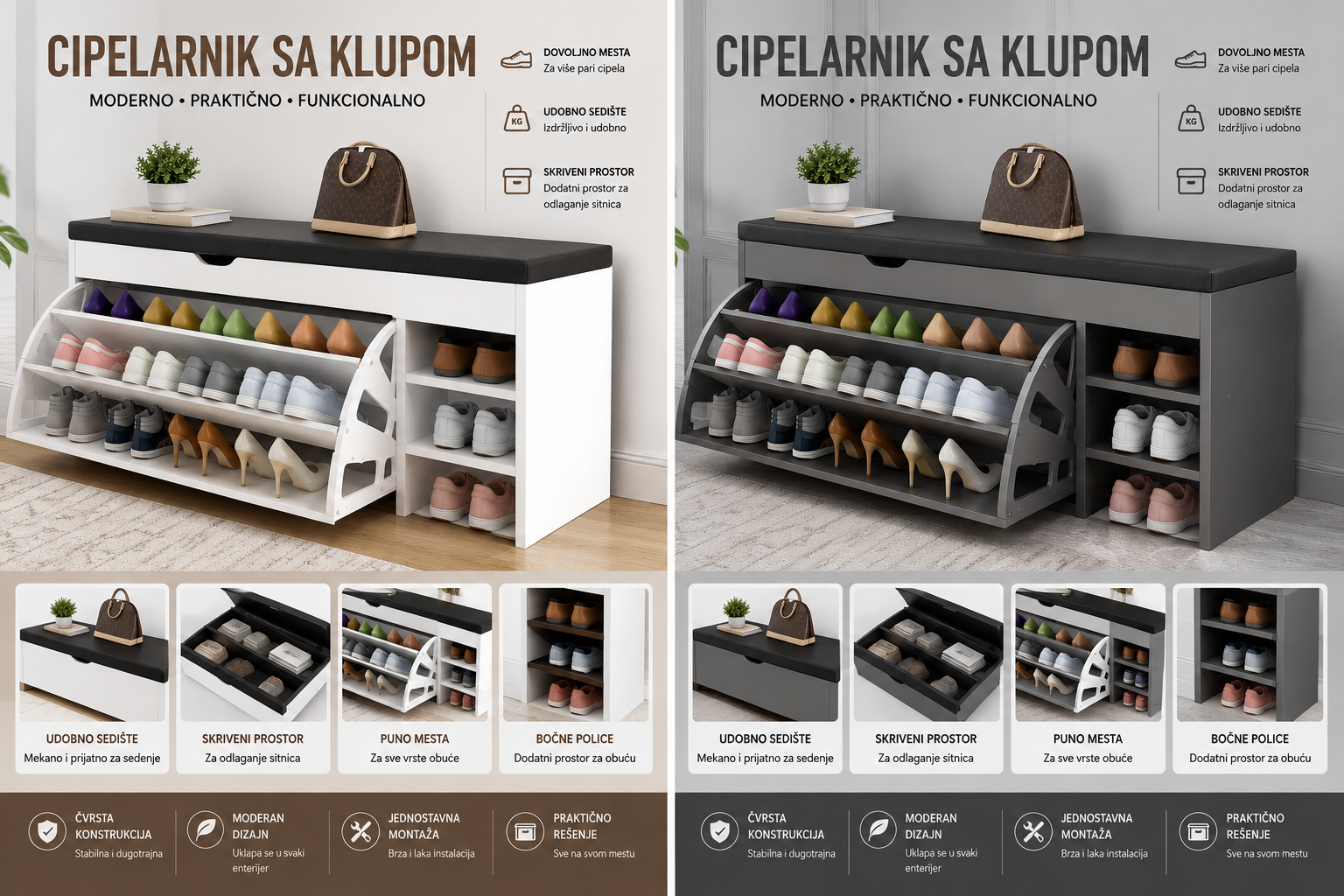 Cipelarnik sa Klupom i Sedištem 100cm – Moderan Ormar za Cipele sa Policama i Skrivenim Prostorom za Odlaganje