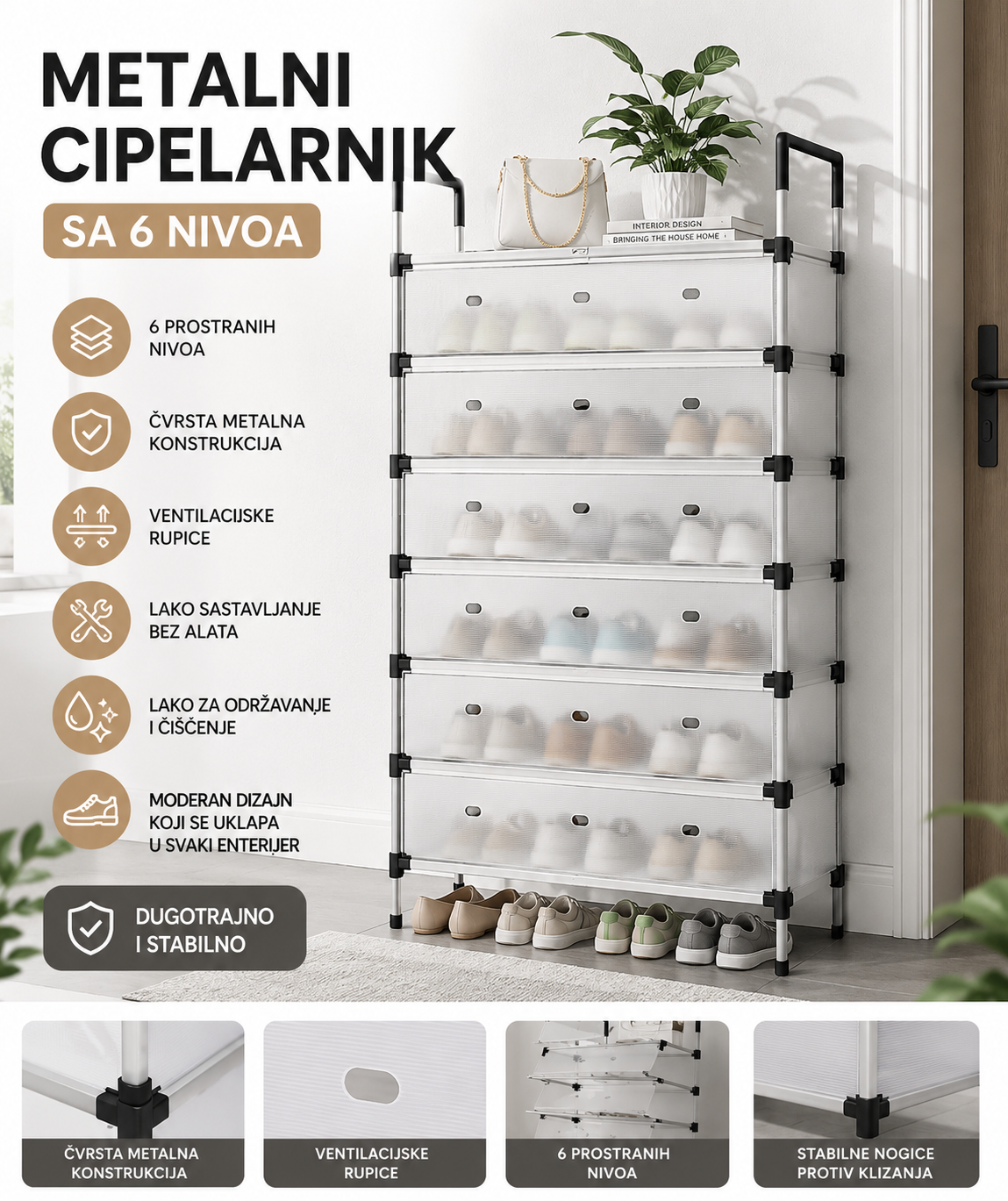 Metalni Cipelarnik 6 Nivoa – Organizator za Cipele sa Vratima, Stabilan i Moderan Dizajn