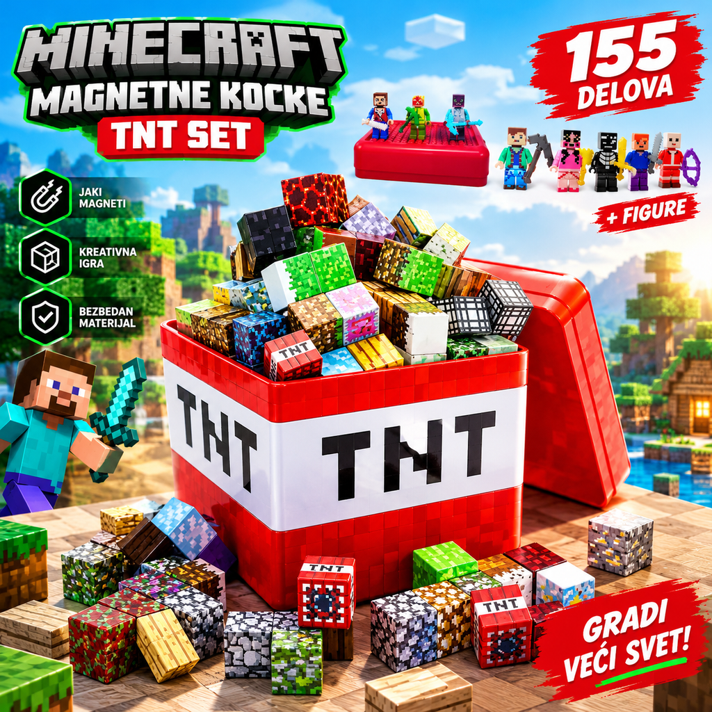 Minecraft Magnetne Kocke TNT Set – 155 Delova sa Figuricama za Kreativnu Dečiju Igru