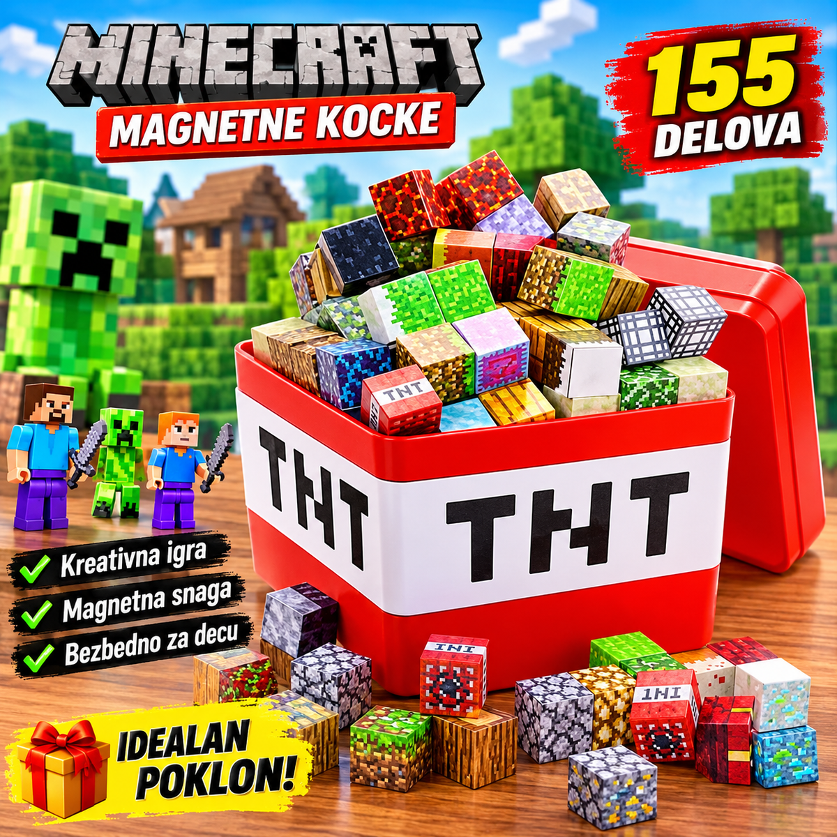Minecraft Magnetne Kocke TNT Set – 155 Delova sa Figuricama za Kreativnu Dečiju Igru
