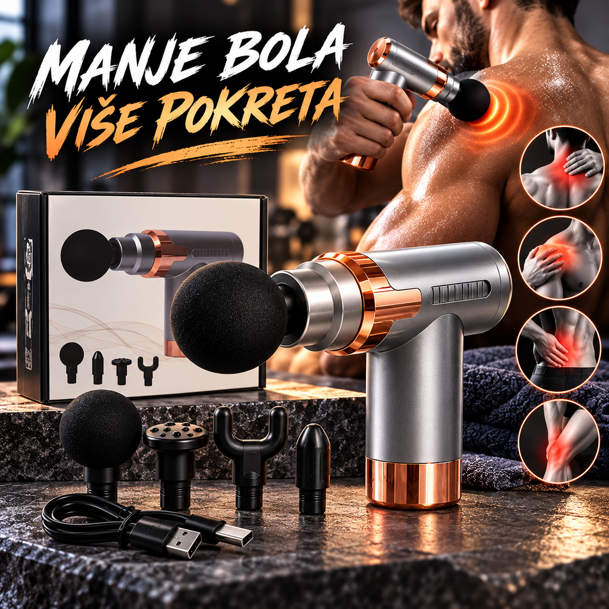 Mini Pištolj za Masažu Mišića – Bežični Masažer za Leđa, Vrat, Ramena i Noge sa 4 Nastavk