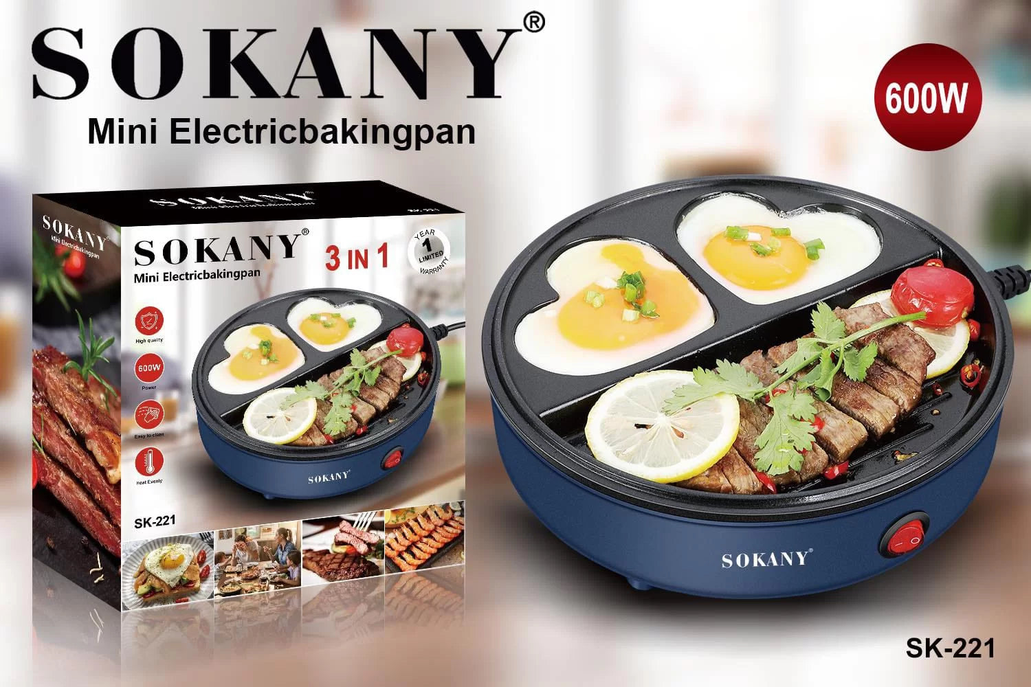 Mini električni gril tiganj Sokany 3 u 1