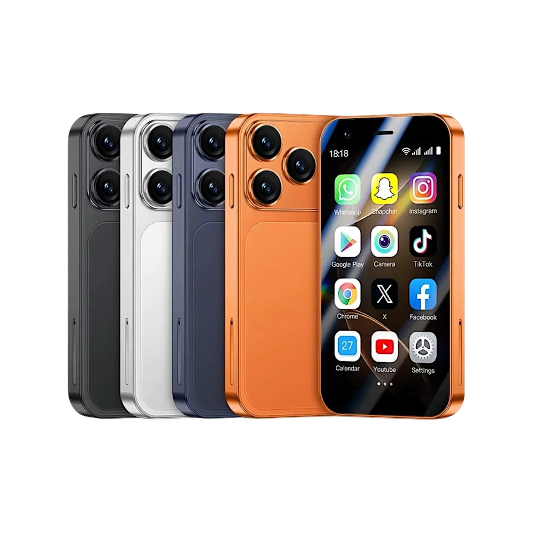 Orange smartphone with app icons displayed, surrounded by three other smartphones in black, white, and blue on a white background.