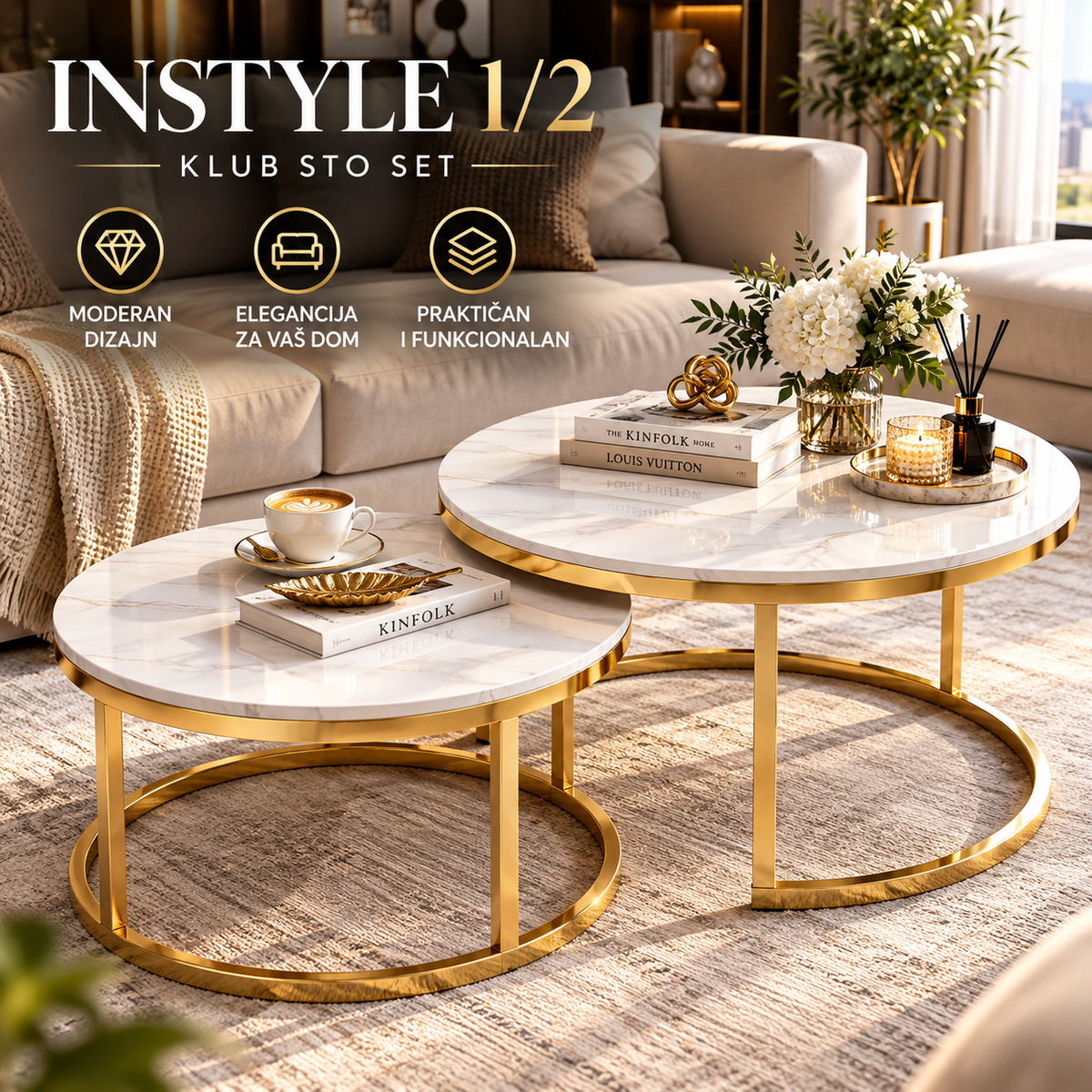 Klub Sto INSTYLE Belo-Zlatni 1/2 – Elegantni Klub Stočić Modernog Dizajna