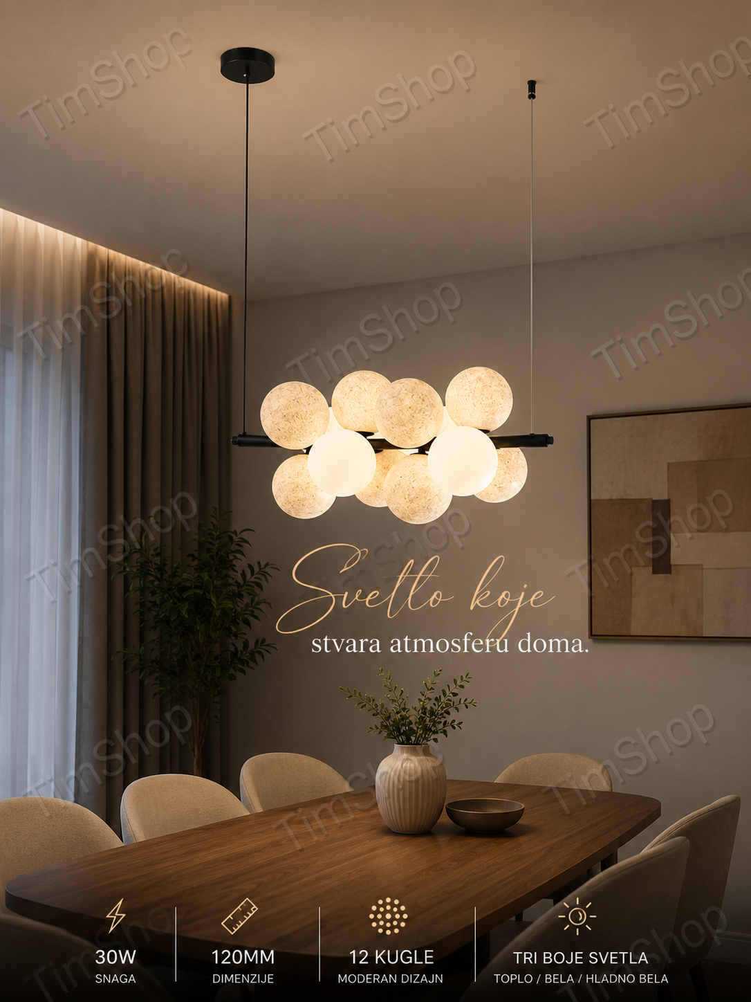 LED Luster sa 12 Kugli 30W – Viseća Rasveta 120 mm za Trpezariju i Dnevnu Sobu