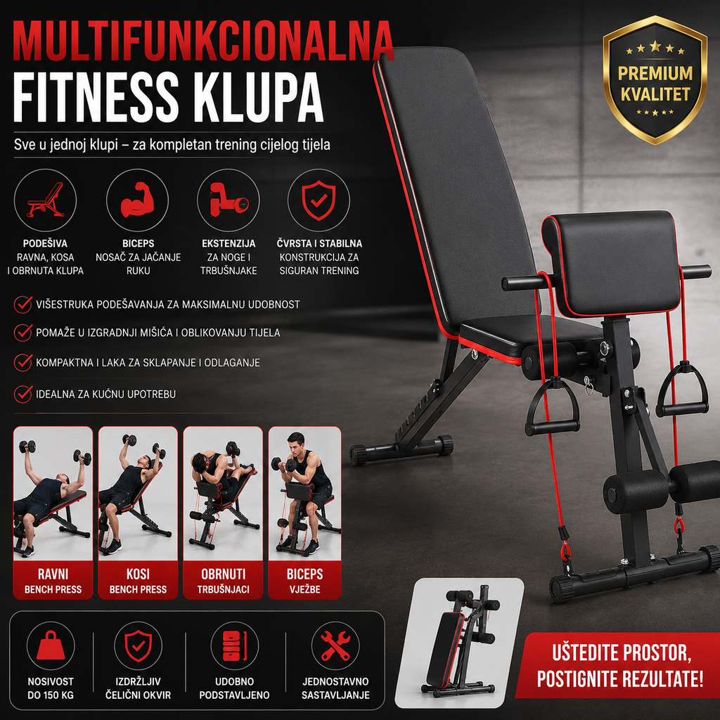 Multifunkcionalna Fitness Klupa za Vežbanje | Podesiva Ravna, Kosa i Obrnuta Klupa sa Biceps Nosačem i Ekstenzijom za Noge