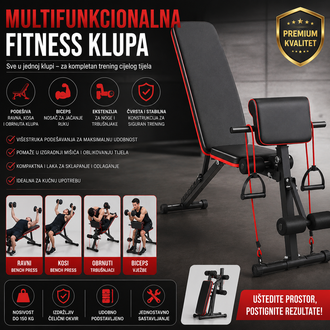 Multifunkcionalna Fitness Klupa za Vežbanje | Podesiva Ravna, Kosa i Obrnuta Klupa sa Biceps Nosačem i Ekstenzijom za Noge