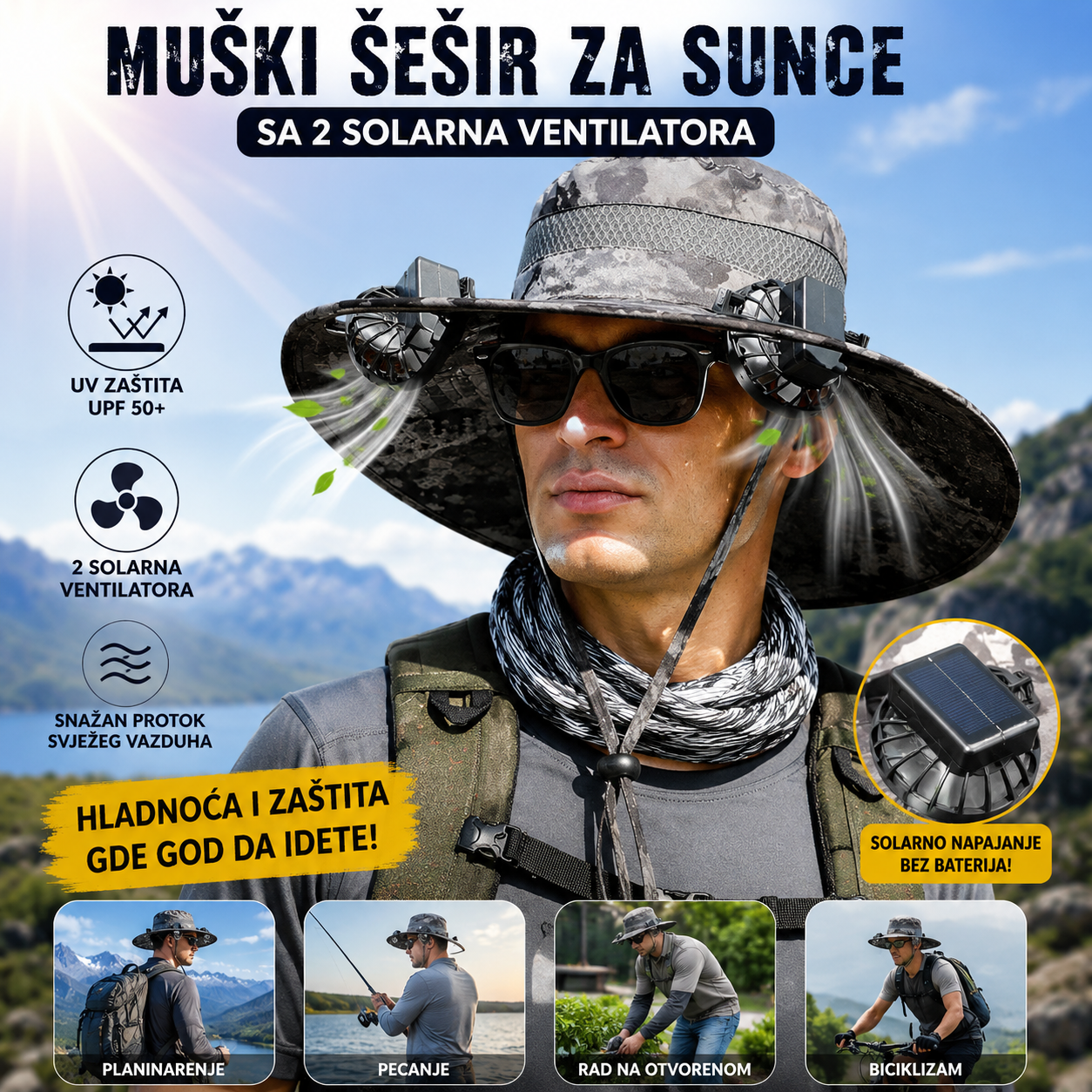 Šešir za Sunce sa Solarnim Ventilatorima – UPF 50+ Zaštita i Hlađenje u Pokretu