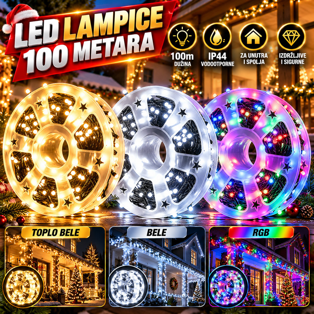 Novogodišnje LED Lampice 100m – Bele, RGB i Toplo Bele Dekorativne Lampice za Kuću, Jelku i Dvorište