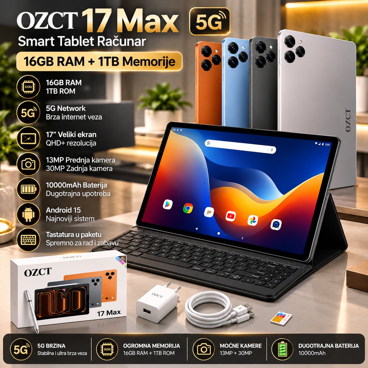17 Pro Max 5G Tablet 16GB RAM 1TB Memorija Smart Tablet Računar Android sa Tastaturom i Olovkom
