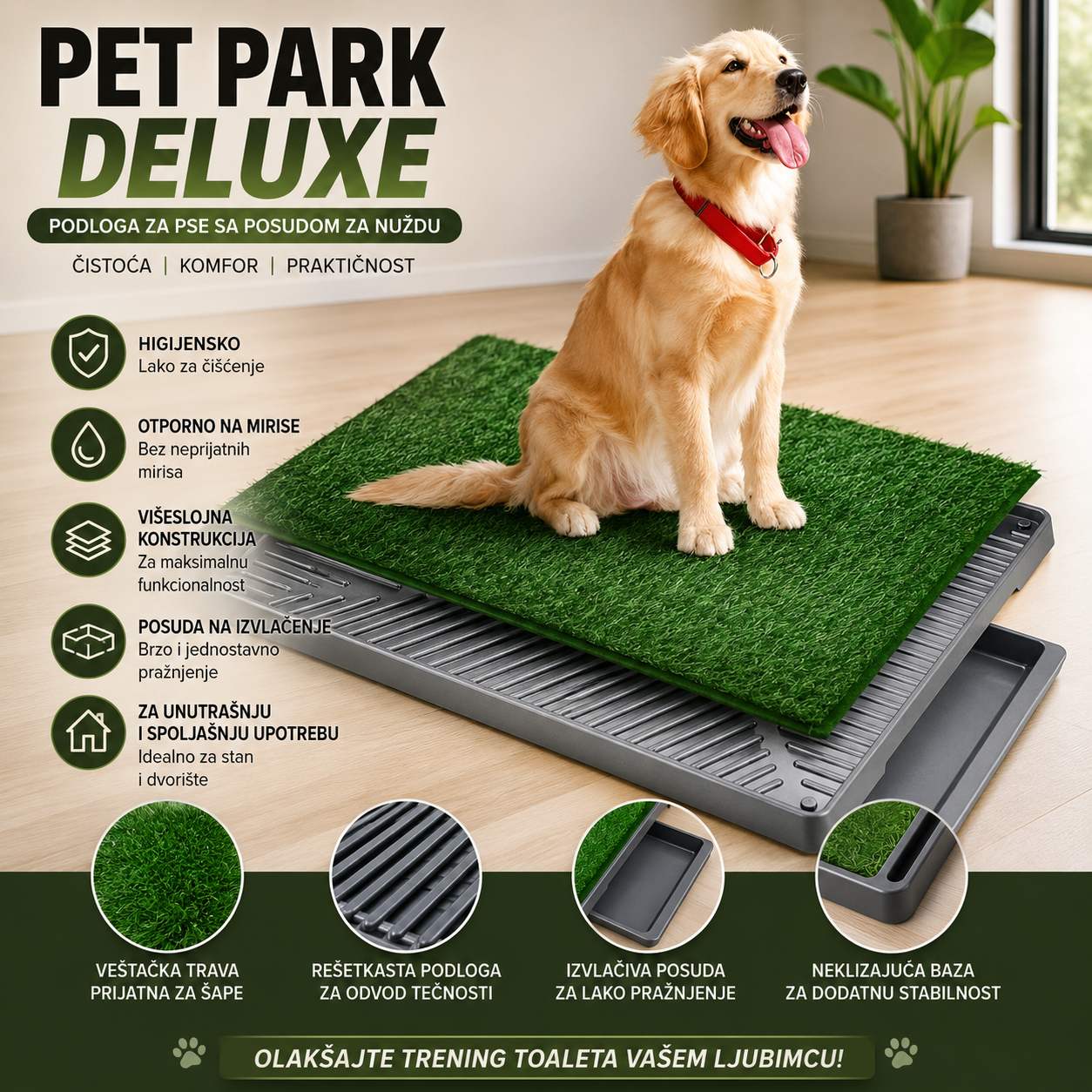 PET PARK DELUXE – Toalet za Pse sa Veštačkom Travom i Posudom za Sakupljanje Otpada
