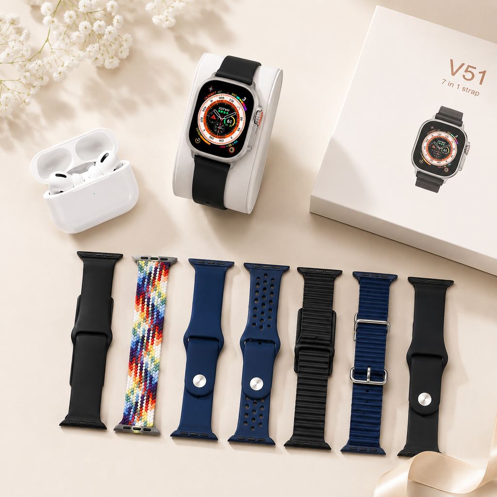 Pametni Sat V51 sa 7 Narukvica i Bežičnim Slušalicama – Smart Watch sa Bluetooth Pozivima, Praćenjem Zdravlja i Sportskim Režimima