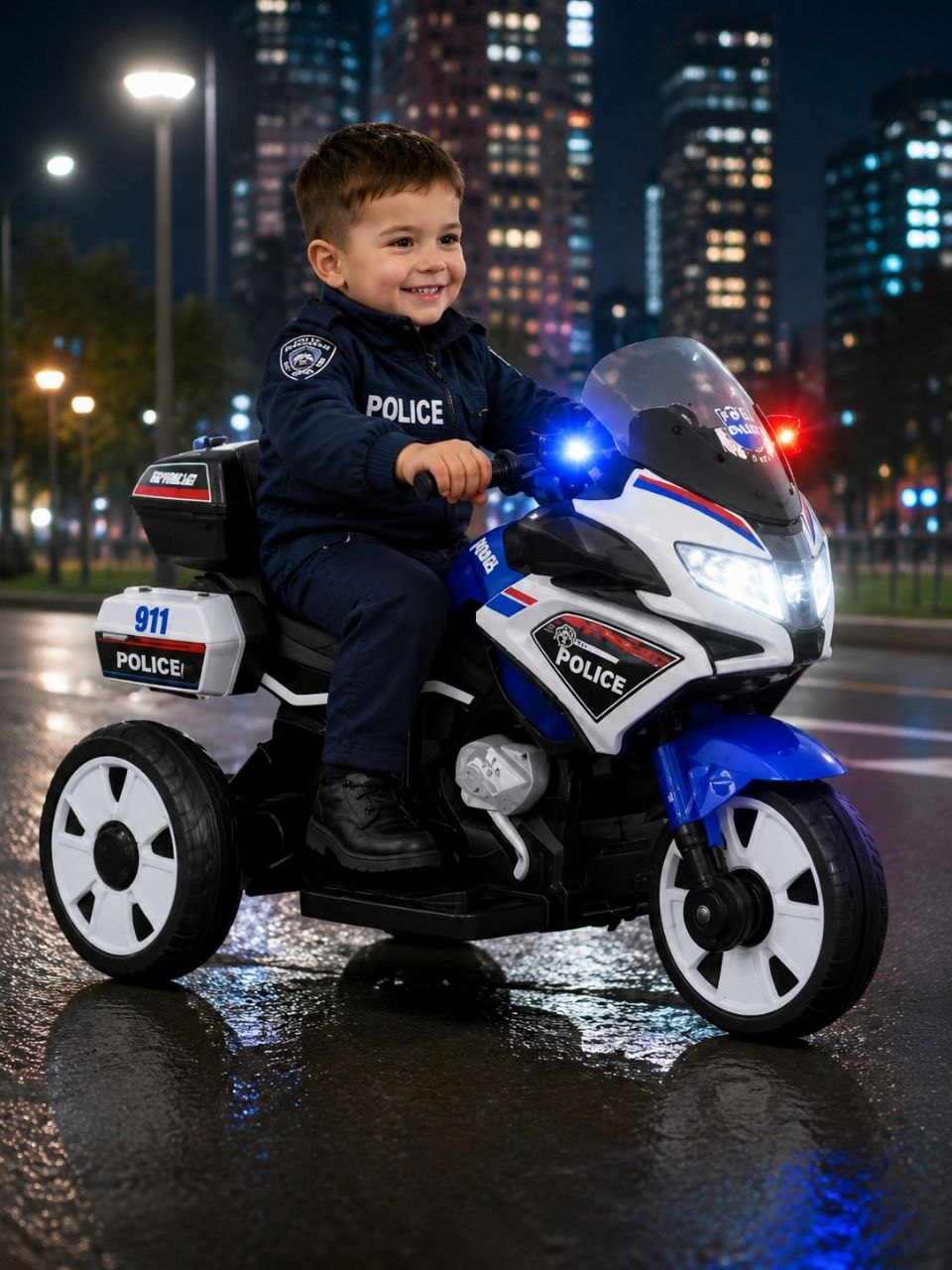 Policijski Motor na Akumulator za Decu 12V – Električni Motor sa LED Rotacijom, Muzikom i Tri Točka