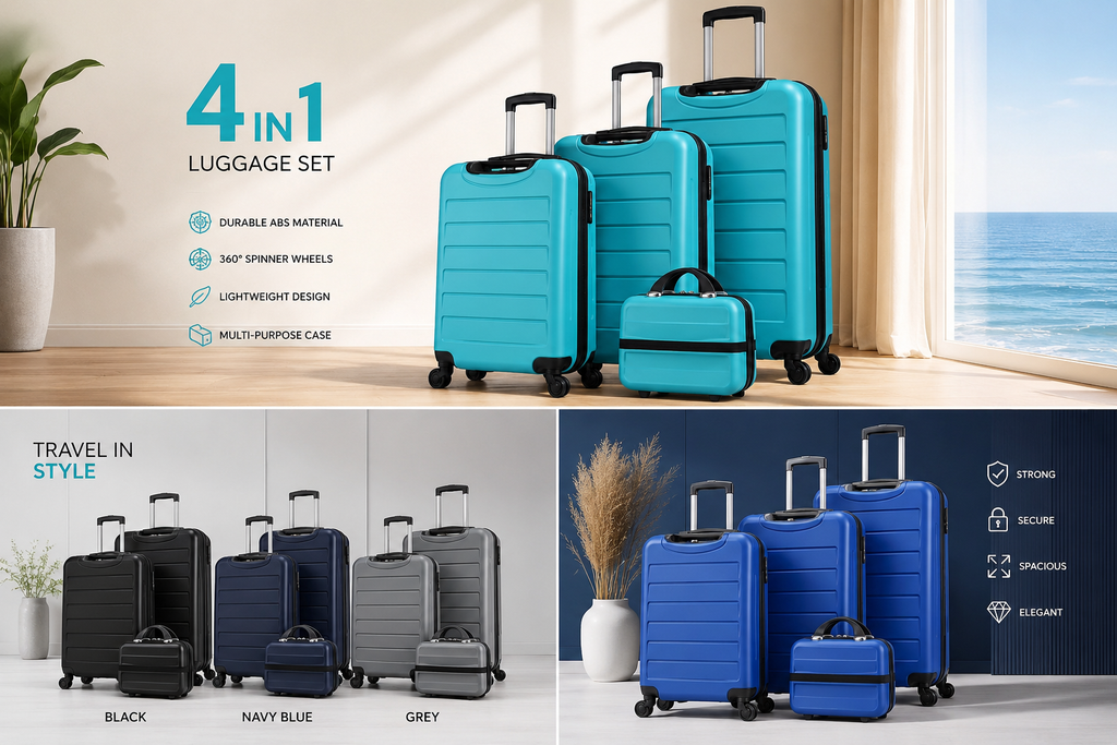 Premium Travel Set 4u1 – 3 ABS Kofera sa Točkićima + Beauty Kozmetički Kofer