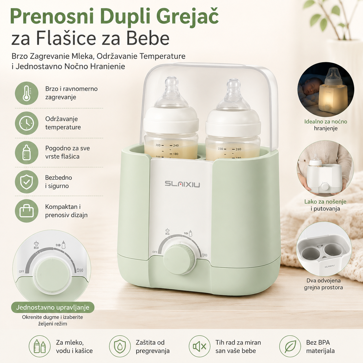 Prenosni Dupli Grejač za Flašice za Bebe – Brzo Zagrevanje Mleka, Održavanje Temperature i Jednostavno Noćno Hranjenje