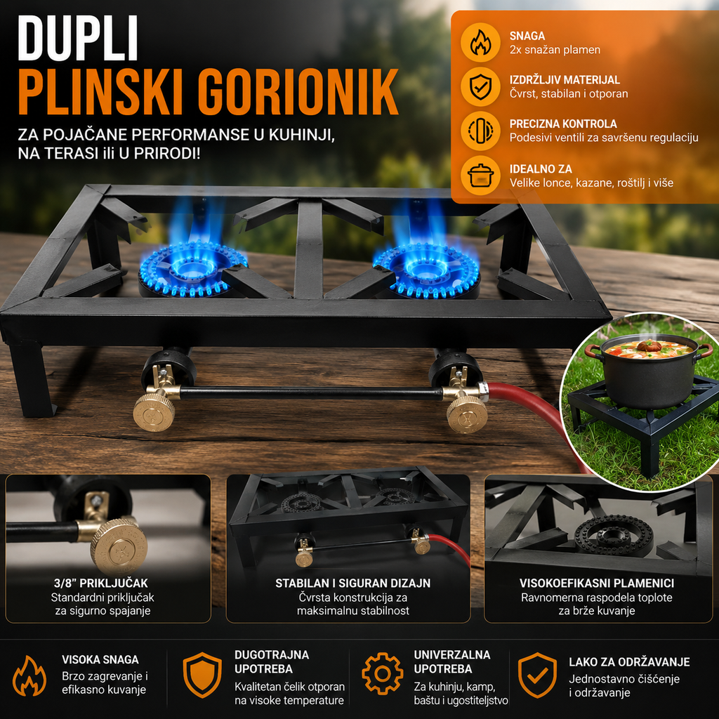 Profesionalni Dupli Plinski Gorionik – Plinski Rešo sa 2 Gorionika za Kotlić, Kazan i Kampovanje