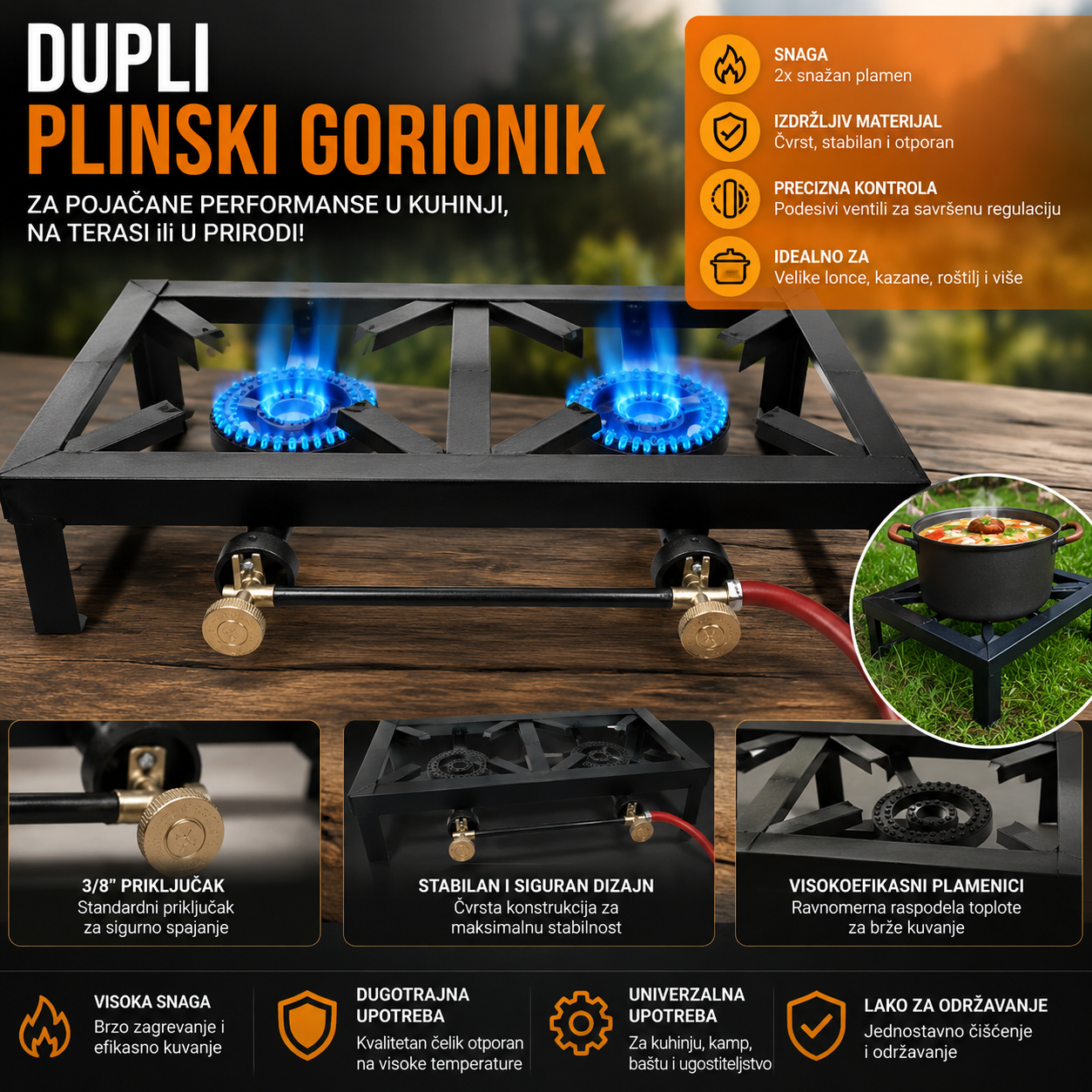 Profesionalni Dupli Plinski Gorionik – Plinski Rešo sa 2 Gorionika za Kotlić, Kazan i Kampovanje