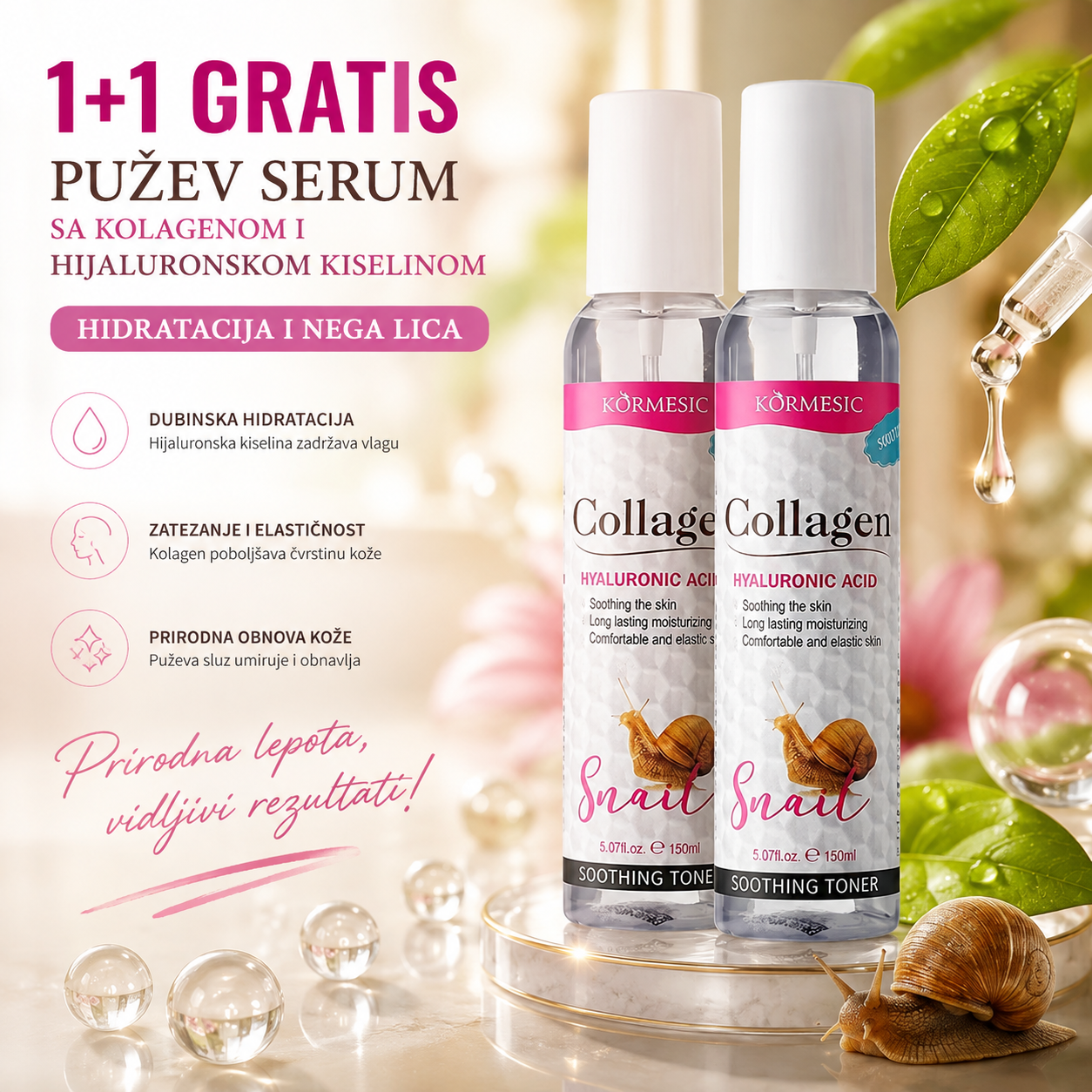 Pužev Serum sa Kolagenom i Hijaluronskom Kiselinom – Hidratacija i Nega Lica 1+1 GRATIS