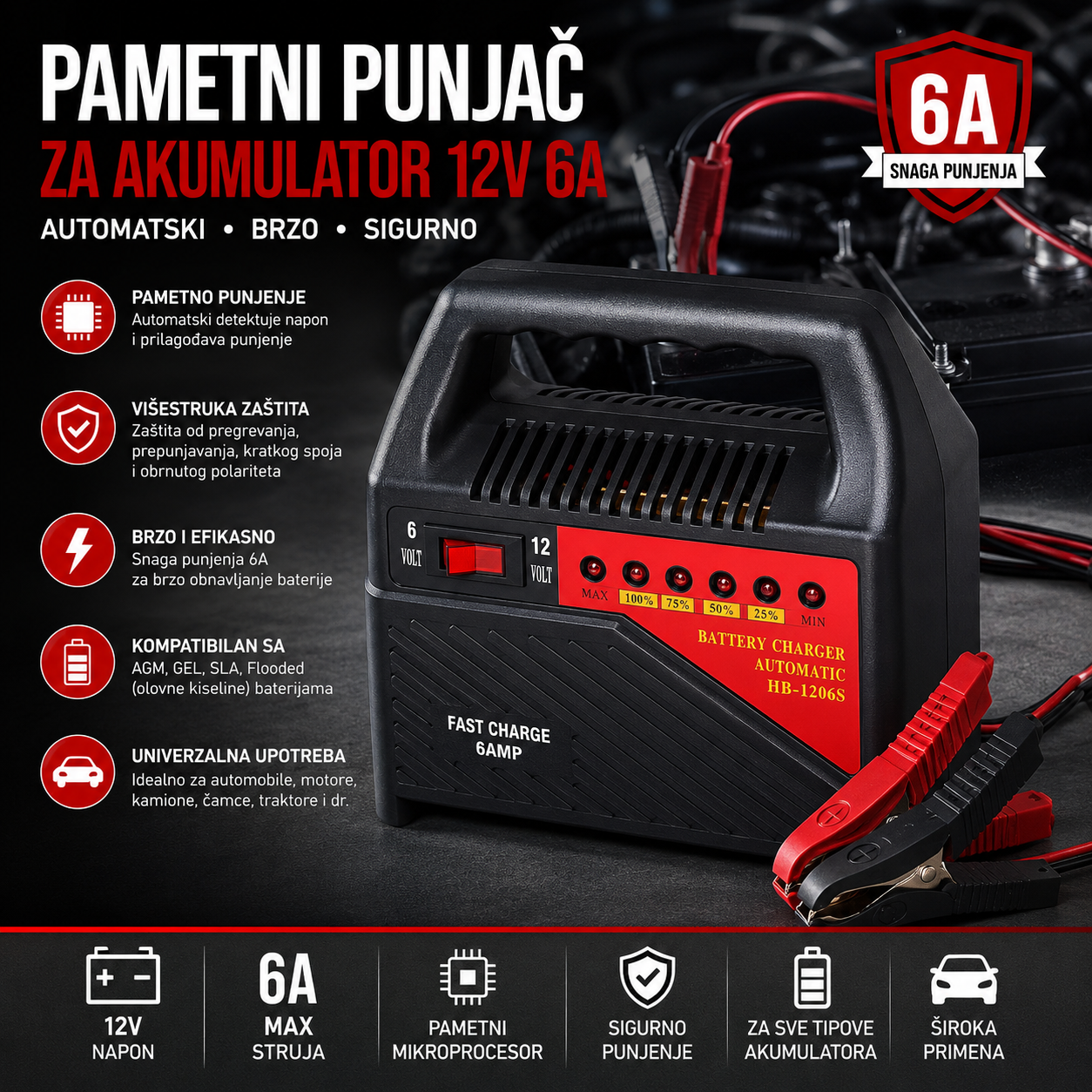 Punjač za Akumulator 12V 6A – Brzo i Sigurno Punjenje Automobila, Motora i Vozila