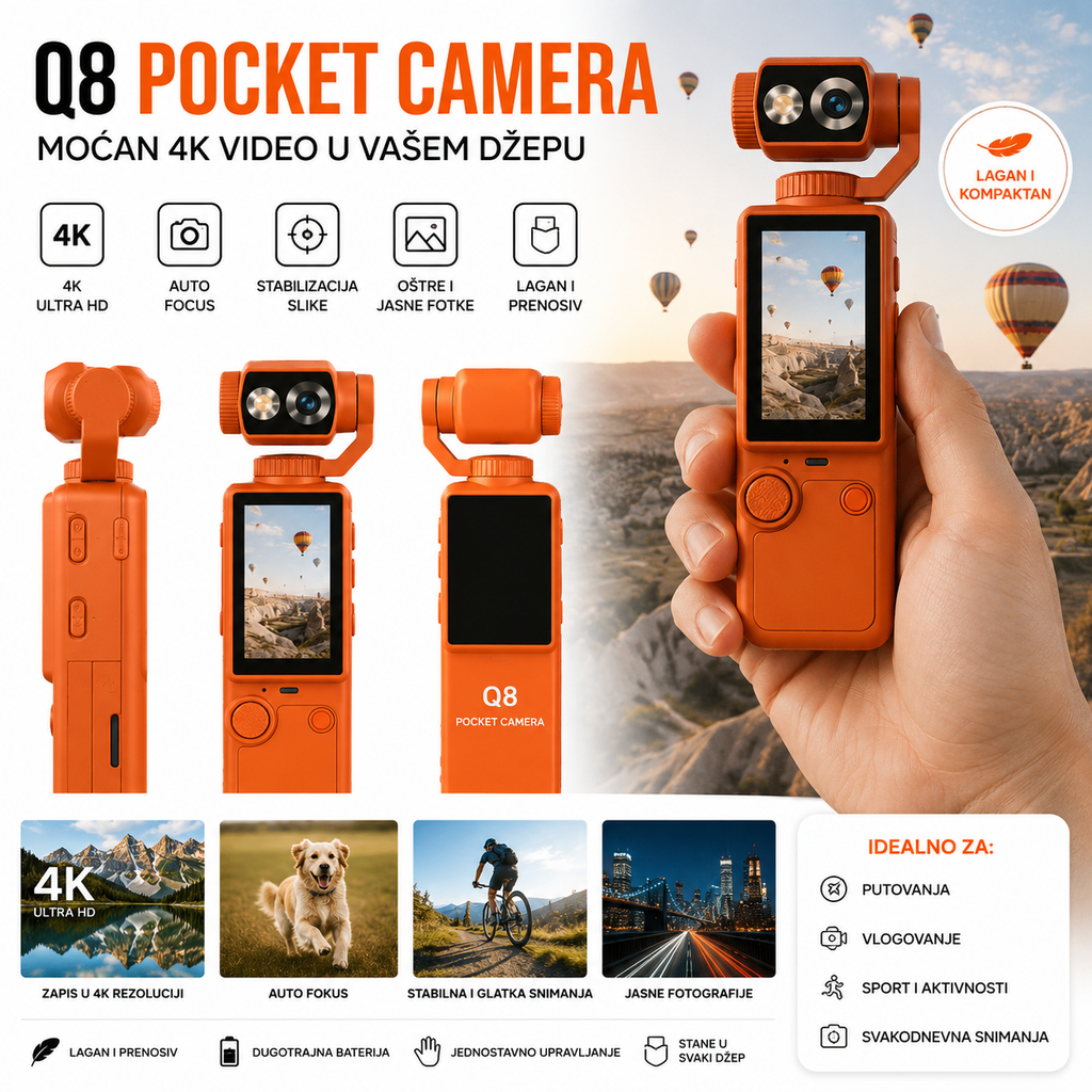 Q8 Džepna Kamera 4K – Ultra HD Snimanje, Auto Fokus i Profesionalni Video u Pokretu