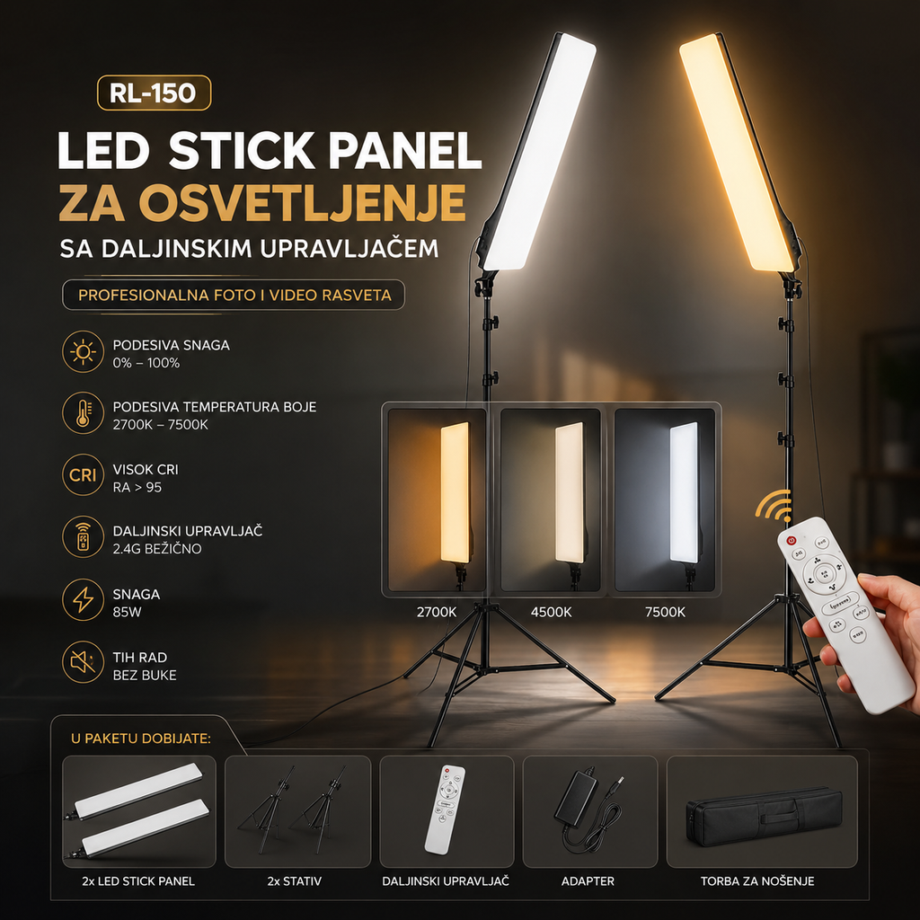 RL-150 LED Stick Panel za Osvetljenje sa Daljinskim Upravljačem | Profesionalna Foto i Video Rasveta