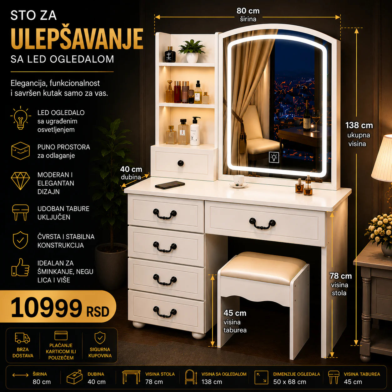 ROYAL Toaletni Sto sa LED Ogledalom i Fiokama – Elegantan Sto za Šminkanje sa Stolicom