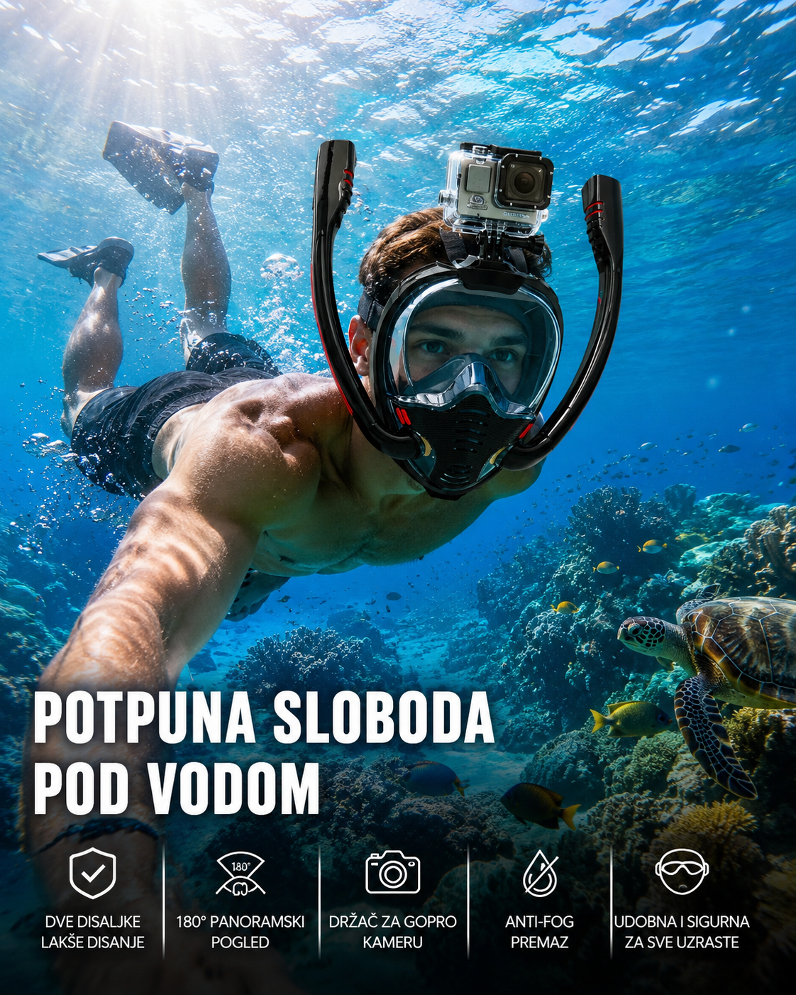 Maska za ronjenje, maska ronilacka sa dve disaljke sa drzacem za GoPro kamerom