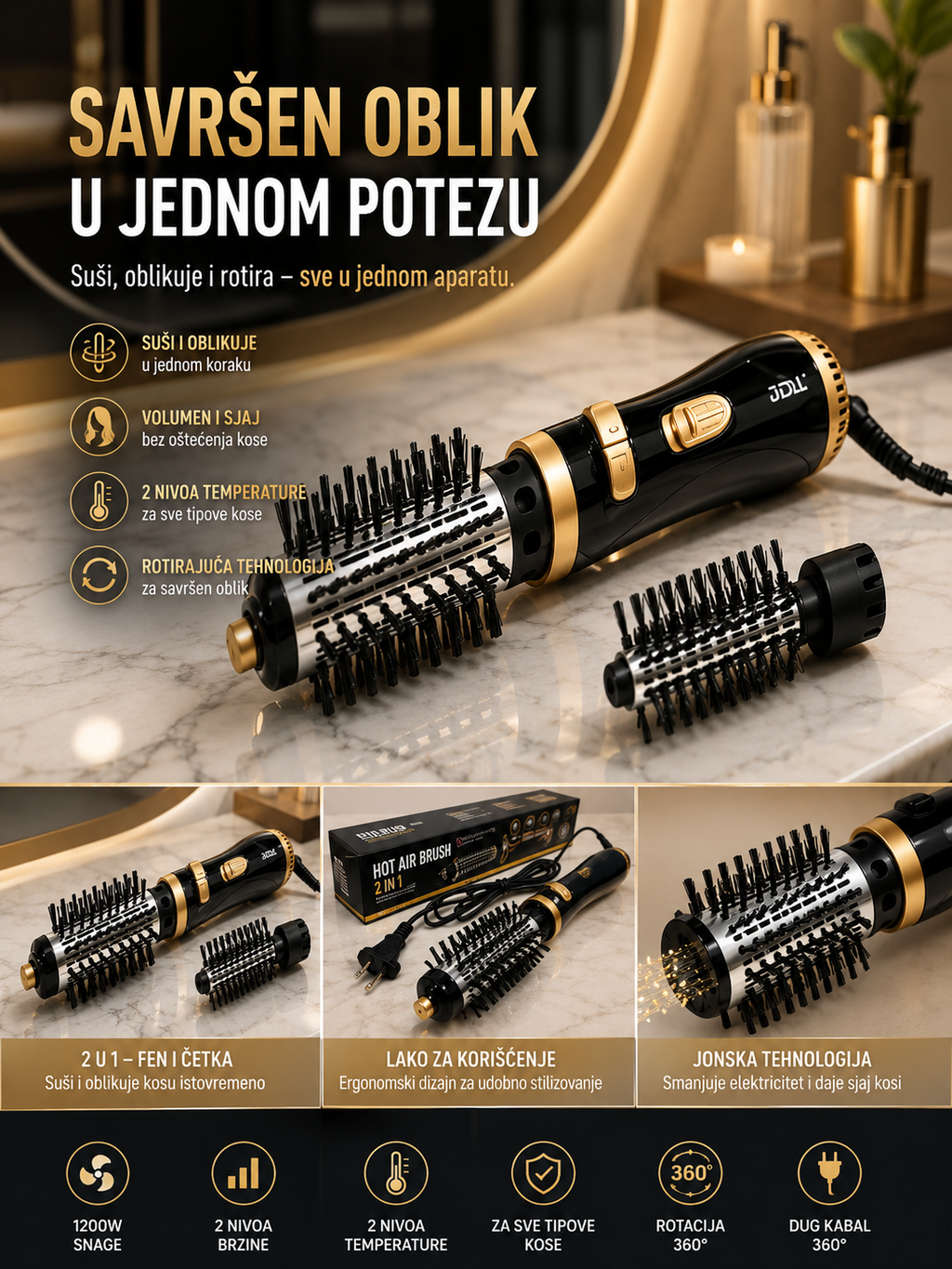 Rozia HC8112 Rotirajuća Četka Fen za Kosu – 2u1 Fen i Styler za Sušenje, Oblikovanje i Volumen Kose