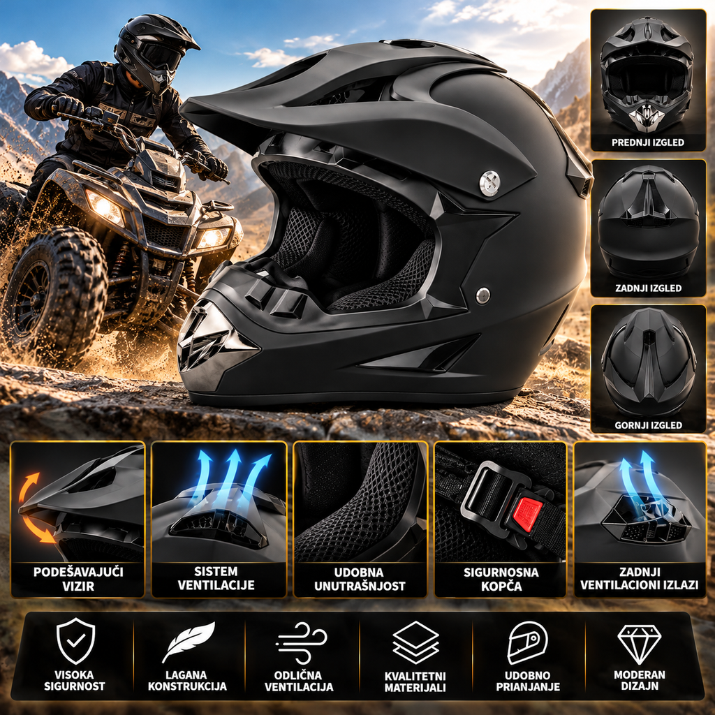 Cross i Enduro Kaciga za Motor i Kv ad – Integralna Zaštitna Kaciga sa Štitnikom i Ventilacijom