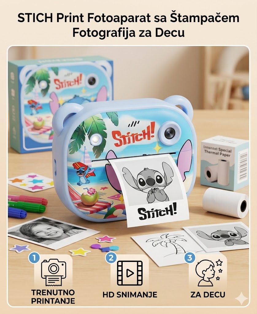 STICH Print Fotoaparat sa Štampačem Fotografija za Decu – Instant Kamera sa Printanjem Slika i HD Snimanjem