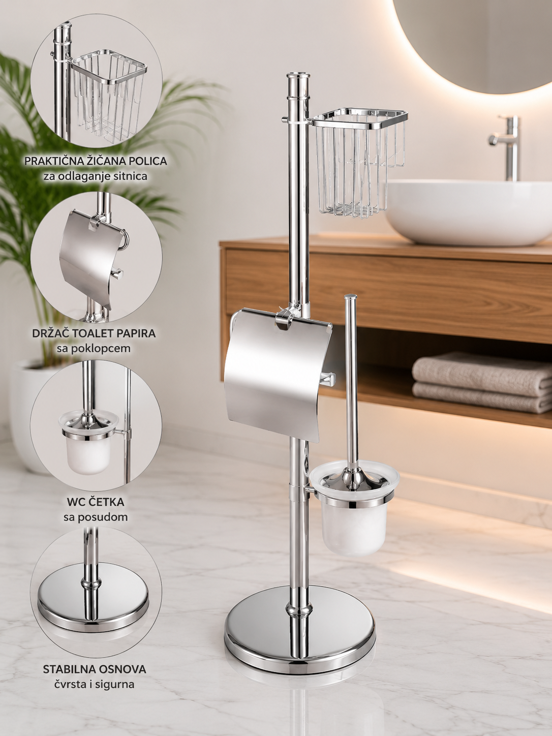 Stalak za WC Papir sa Četkom i Policom 80 cm | Samostojeći Inox Organizer za Kupatilo