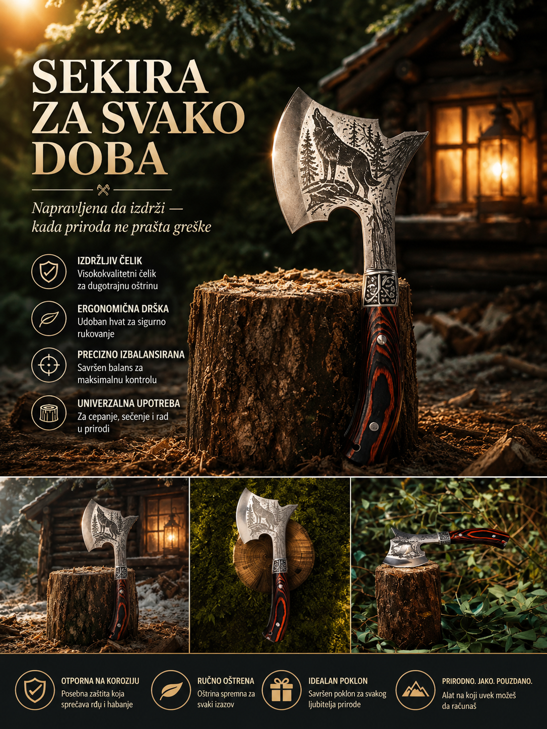 Sekira sa Drvenom Drškom i Full Tang Konstrukcijom – Višenamenski Alat za Kampovanje, Bushcraft i Boravak u Prirodi