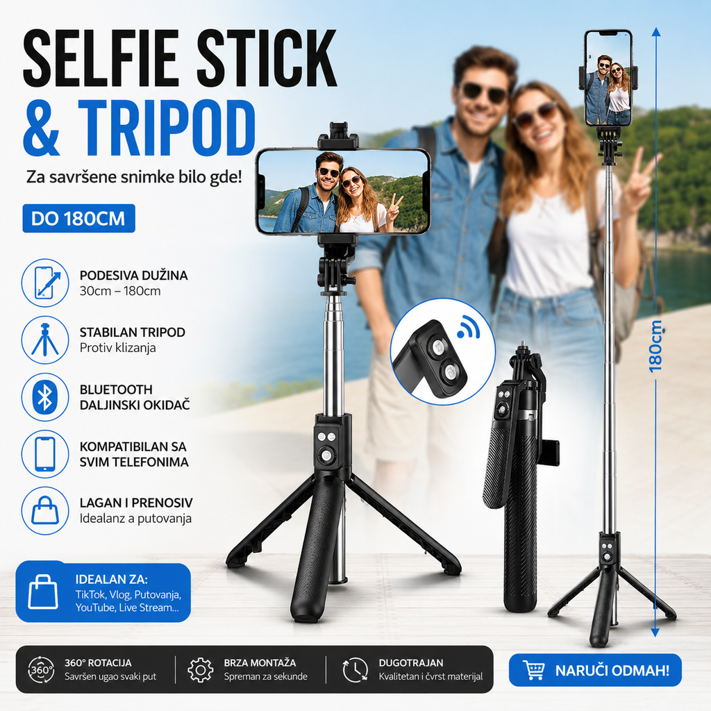 Selfie Stick i Tripod za Telefon 180cm – Stabilni Stativ za Snimanje Videa, Fotografije, TikTok i Vlog
