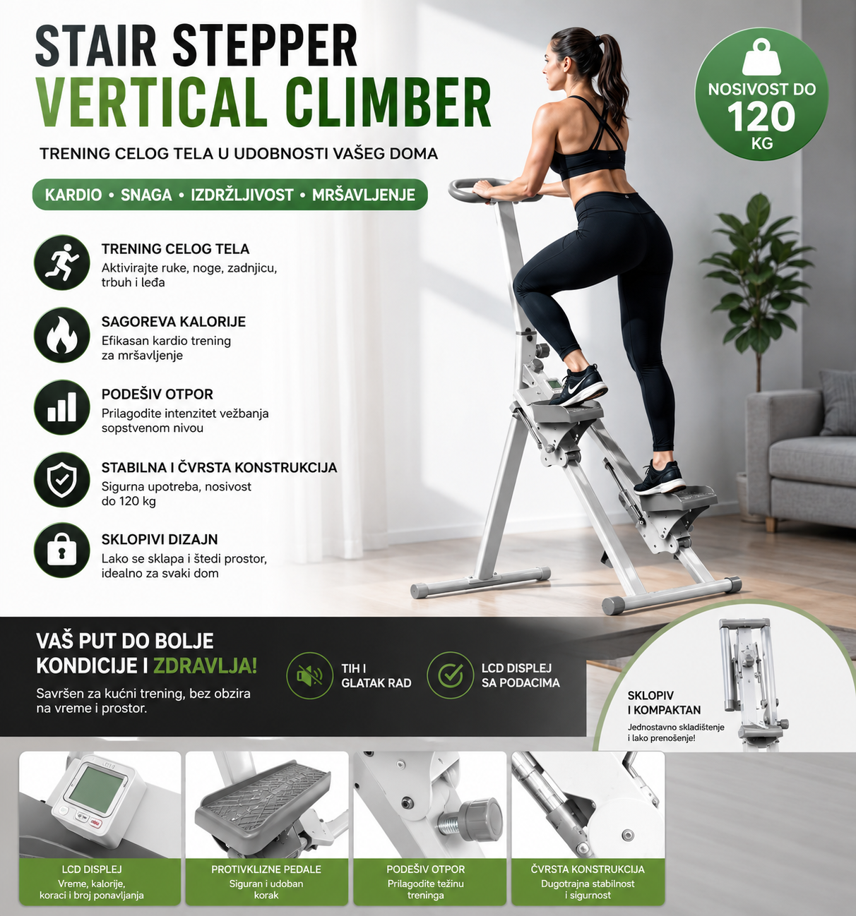 Sklopivi Stair Stepper za Kućno Vežbanje – Vertical Climber Sprava za Trening Celog Tela, Kardio i Mršavljenje