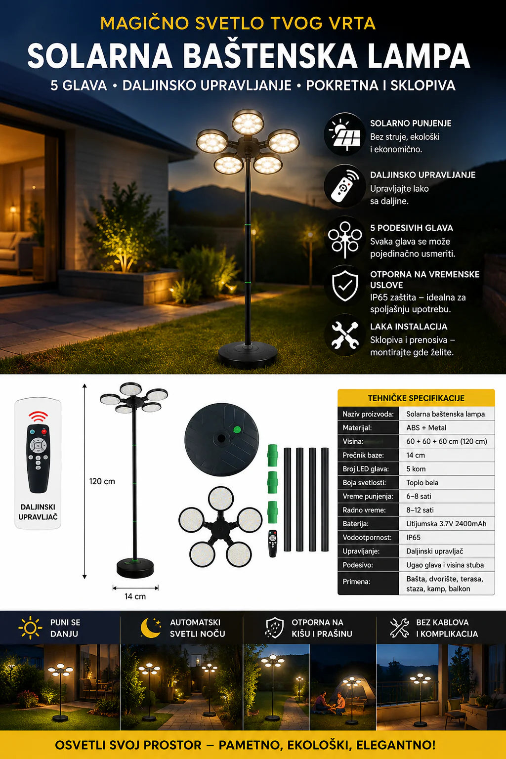 Solarna Baštenska Lampa sa 5 LED Glava i Daljinskim Upravljačem – Snažno Osvetljenje za Dvorište, Terasu i Baštu