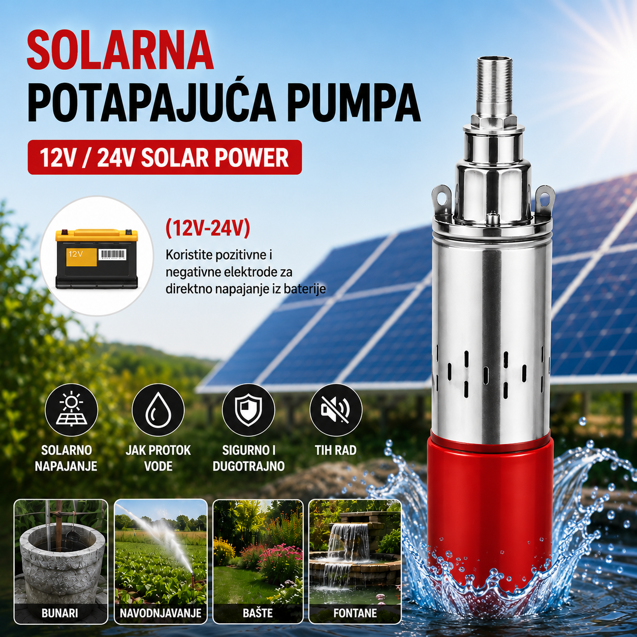 Solarna Potapajuća Pumpa 12V – Pumpa za Vodu za Bunare, Bašte, Navodnjavanje i Fontane | DC 12V