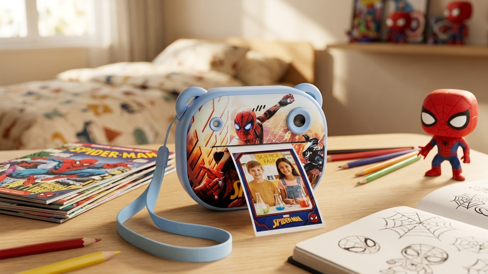 Spiderman Dečiji Fotoaparat sa Instant Štampom Slika – Selfi Kamera, Video Snimanje i Zabavne Igre za Decu
