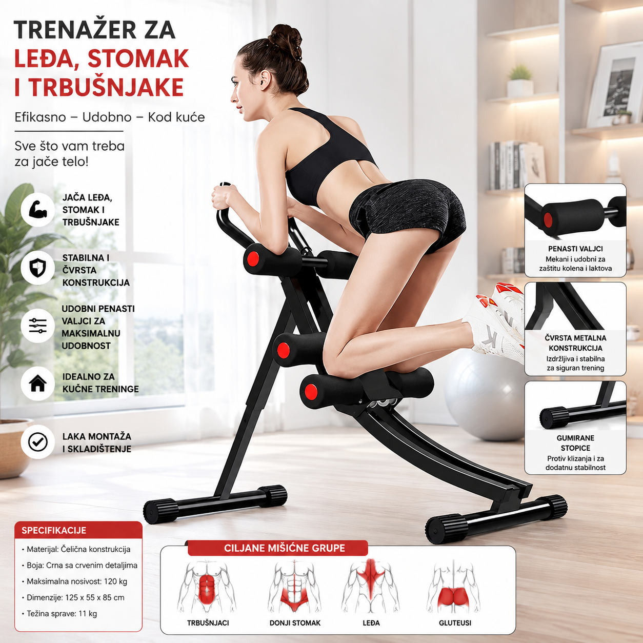 Sprava za Vežbanje Leđa, Stomaka i Trbušnjaka – Multifunkcionalni Trenažer za Kućni Fitness i Jačanje Abdomena